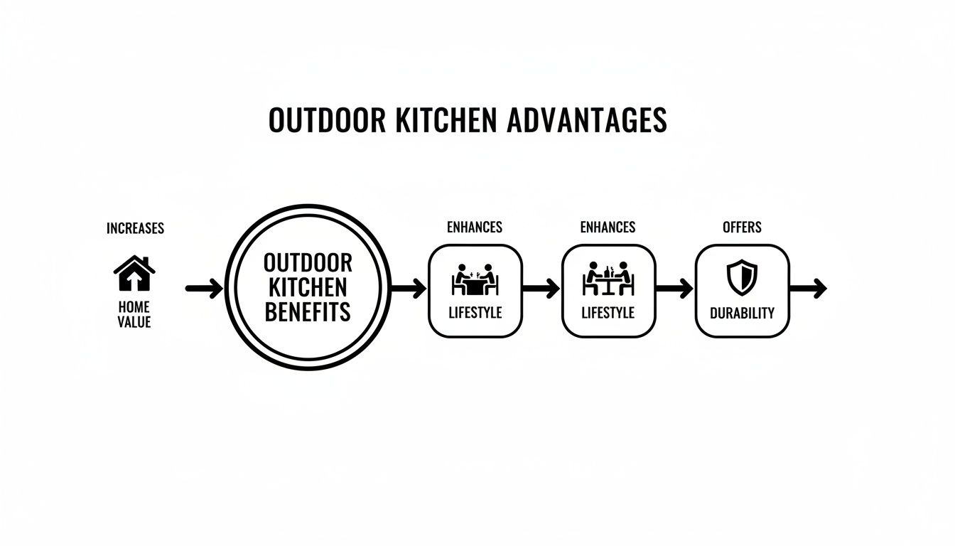 Flowchart illustrating outdoor kitchen benefits such as increased home value, enhanced lifestyle, and durability.