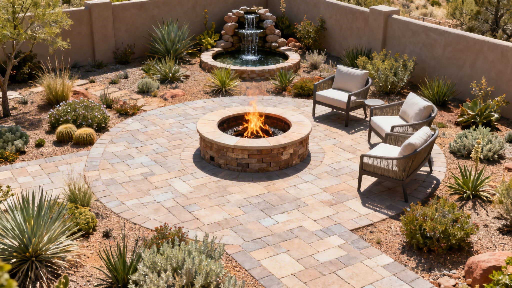 A cozy desert backyard patio with a lit fire pit, outdoor seating, and a water feature.