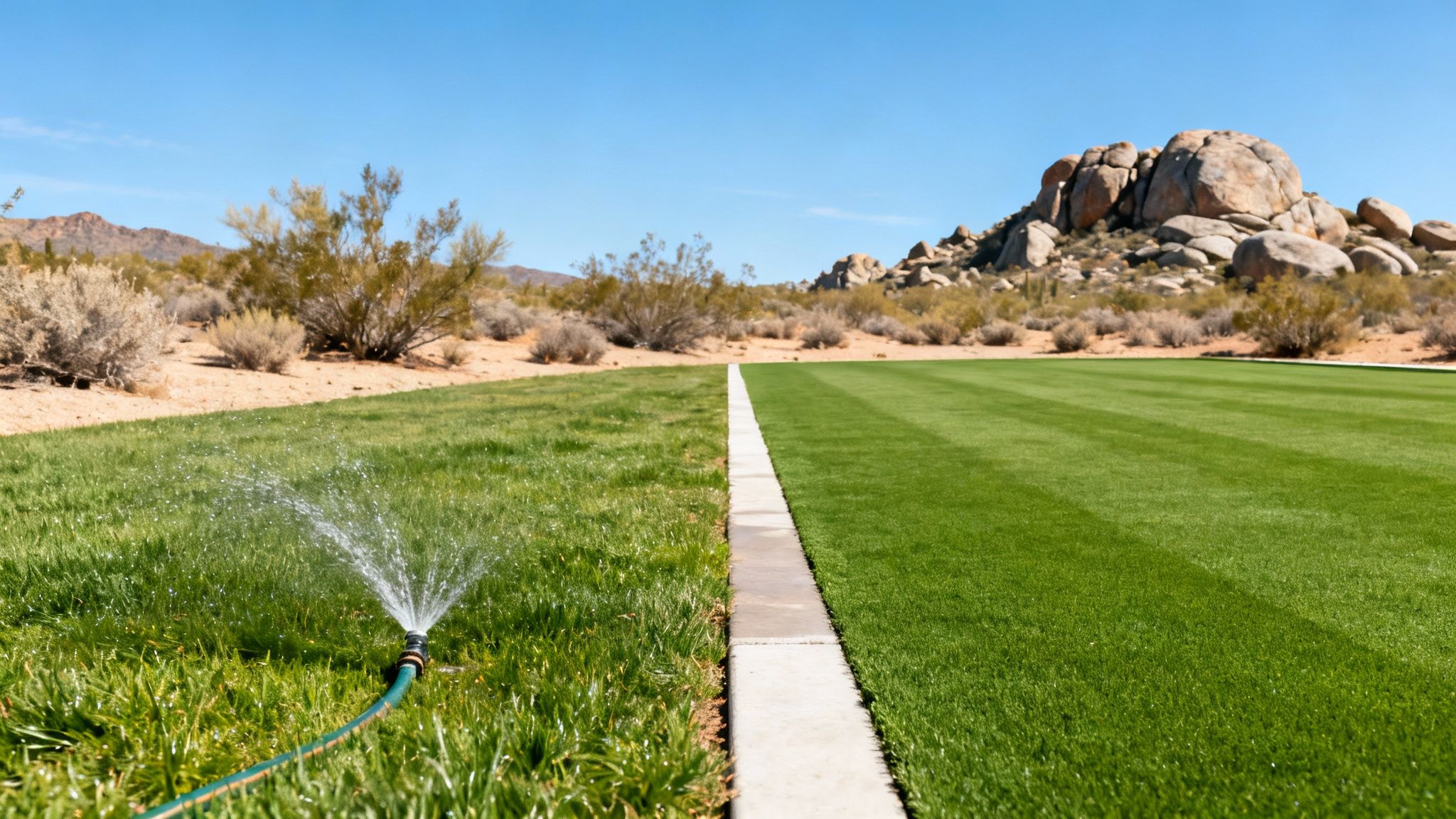 Natural grass with sprinkler next to neatly striped artificial turf in a desert setting.