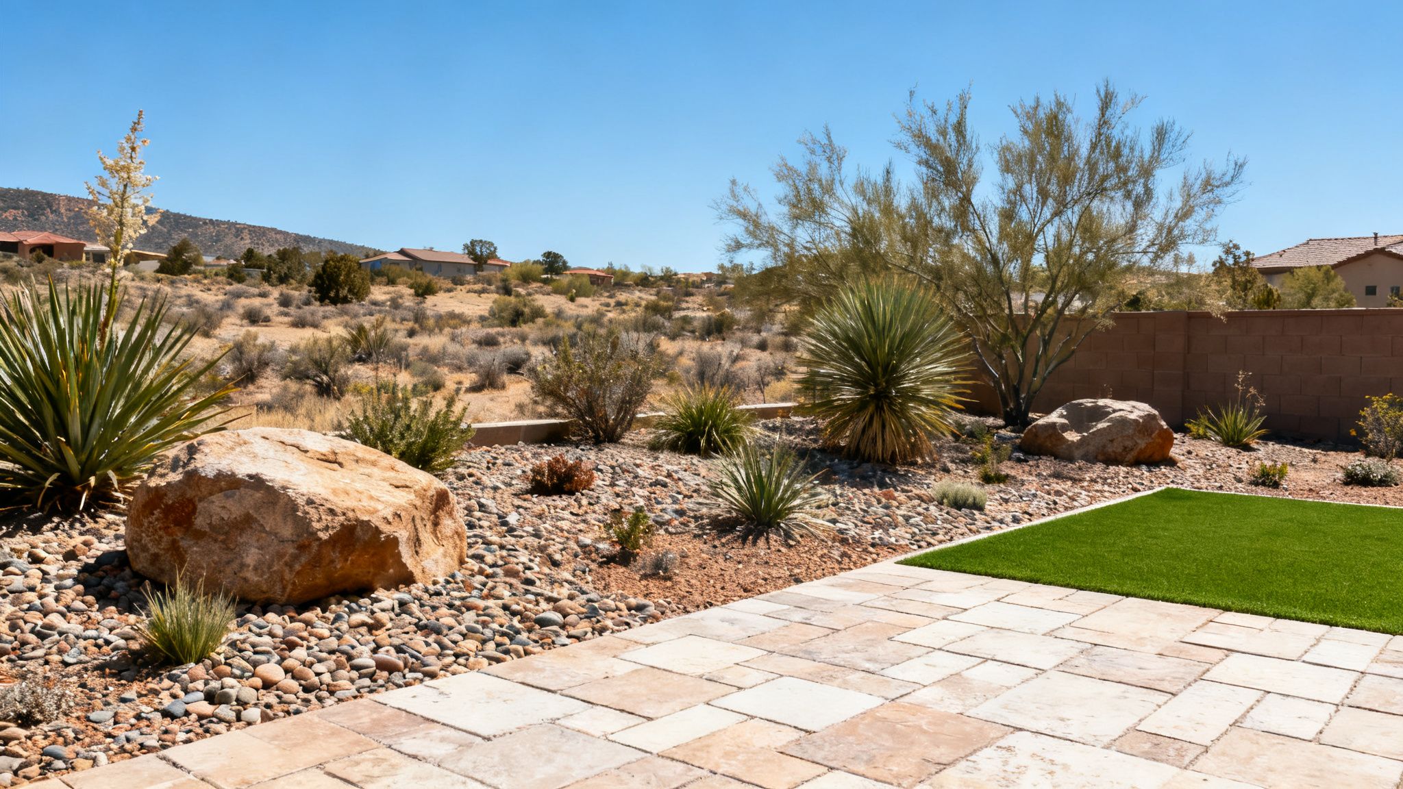 A xeriscaped backyard featuring a stone patio, artificial grass, large boulders, and native desert plants under a clear blue sky.