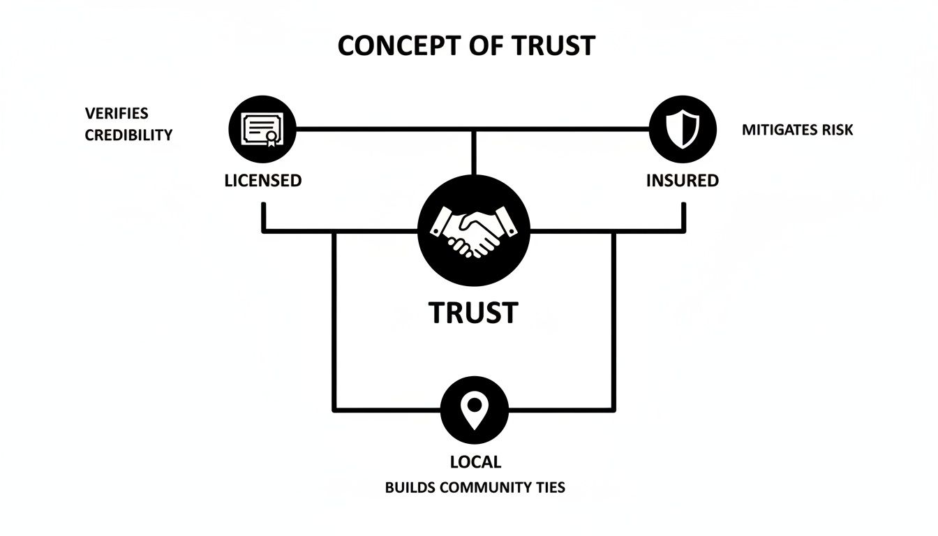 A diagram illustrating the concept of trust, showing licensed, insured, and local factors contributing.