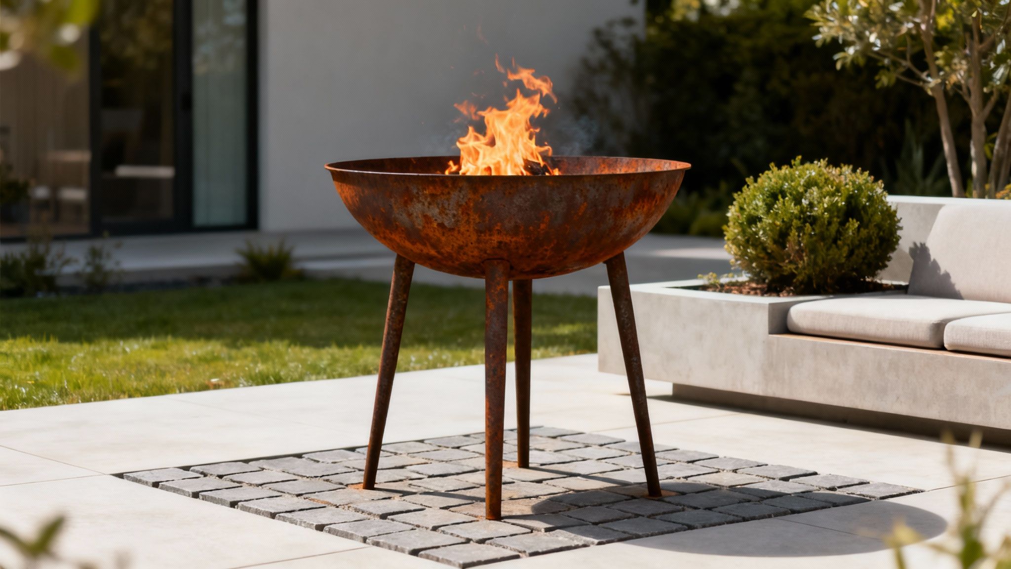 A rustic, rusty fire pit with burning wood in a modern backyard patio with a concrete bench.