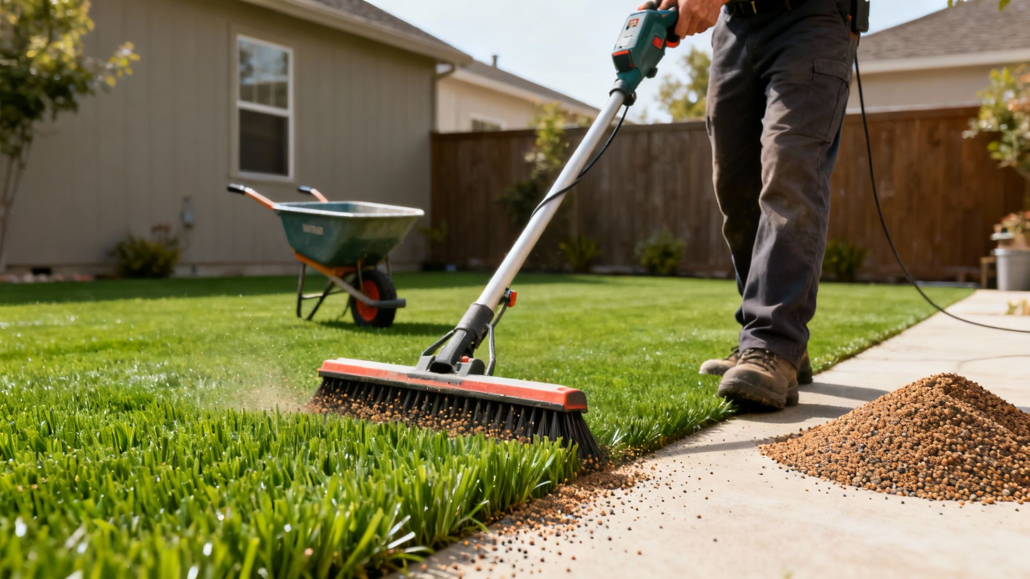 A person uses an electric broom to sweep granular infill from artificial turf onto a concrete path.