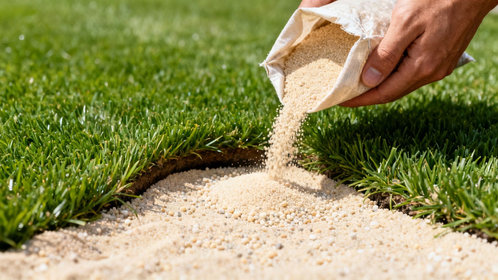 A hand pours granular sand or fertilizer from a small white bag onto a patch of green grass.