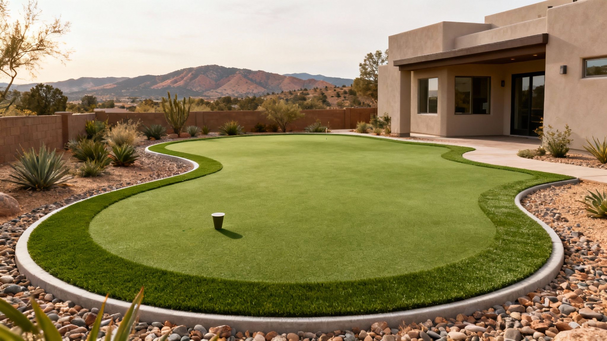 Artificial turf putting green in a desert backyard with a modern house and mountains.