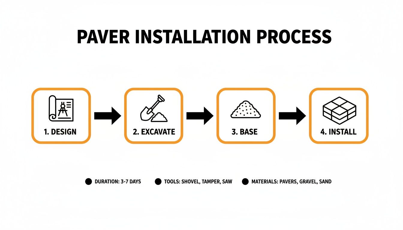 Visual guide to paver installation process with four steps: design, excavate, base, and install.