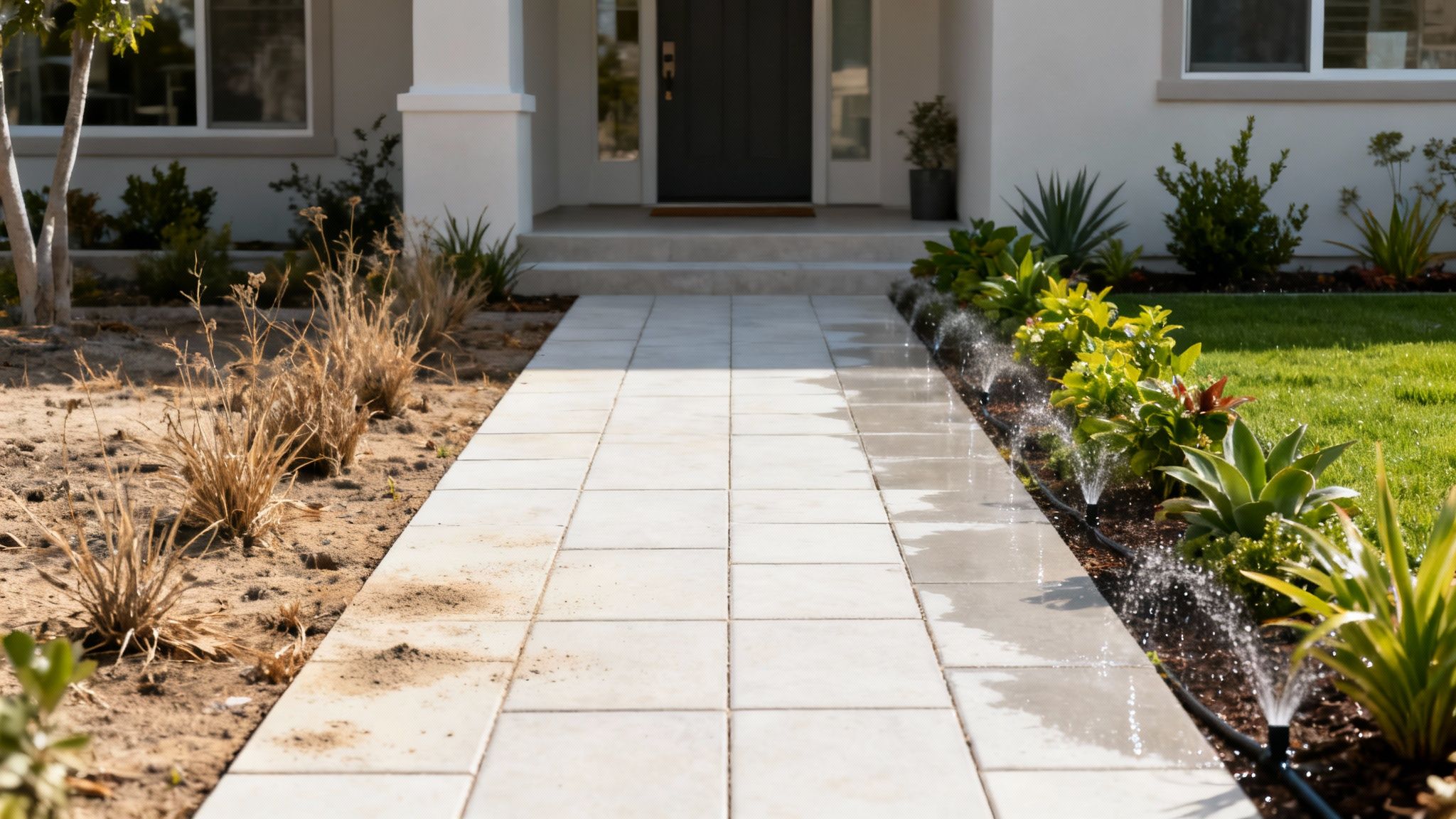 A tiled pathway in a front yard, dividing a dry, unkept garden from a vibrant, watered one.