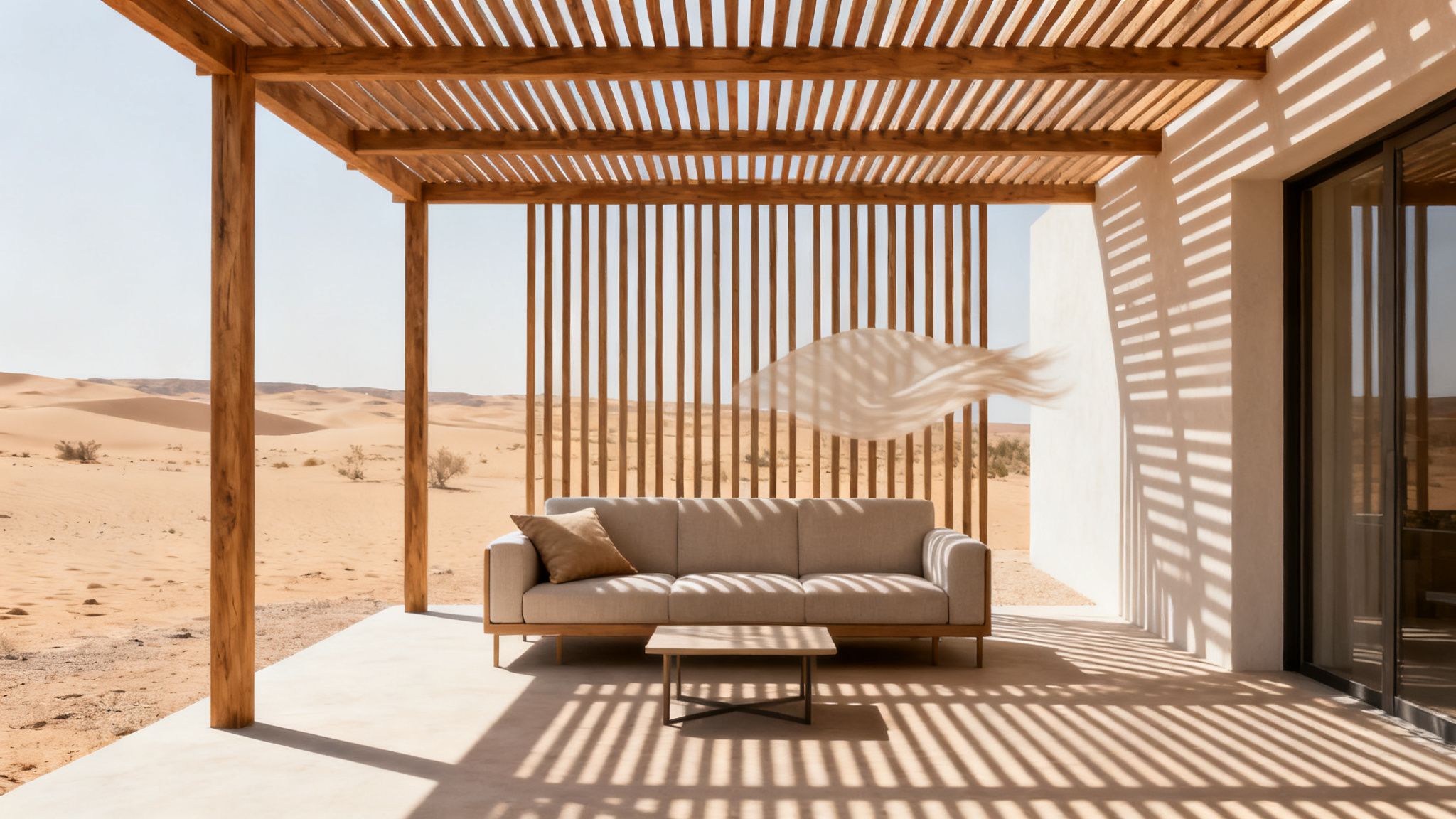Outdoor living space in a desert, with a modern sofa, coffee table, and a wooden pergola.