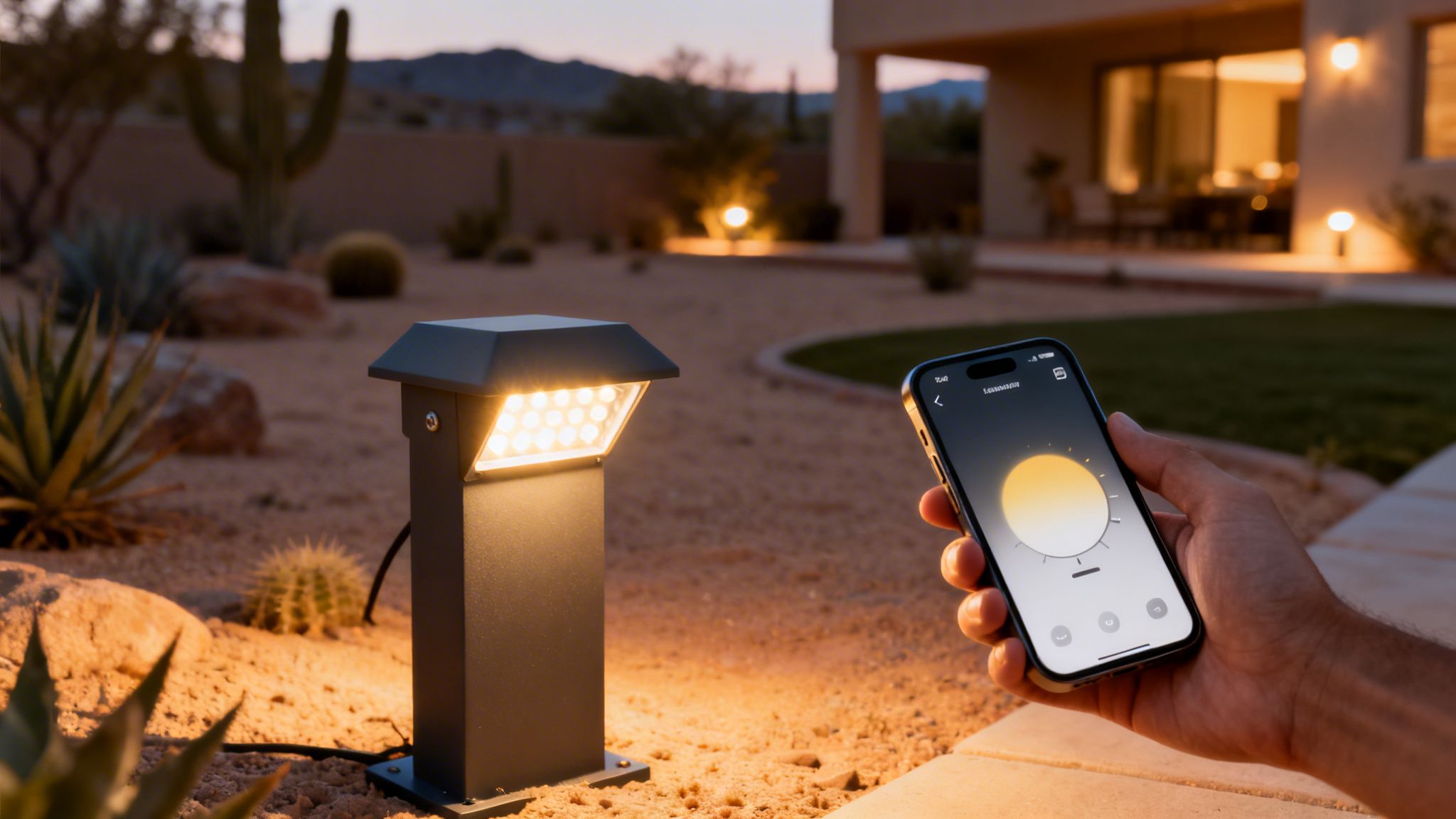 A hand holds a smartphone, wirelessly controlling a modern outdoor light fixture in an Arizona desert garden.