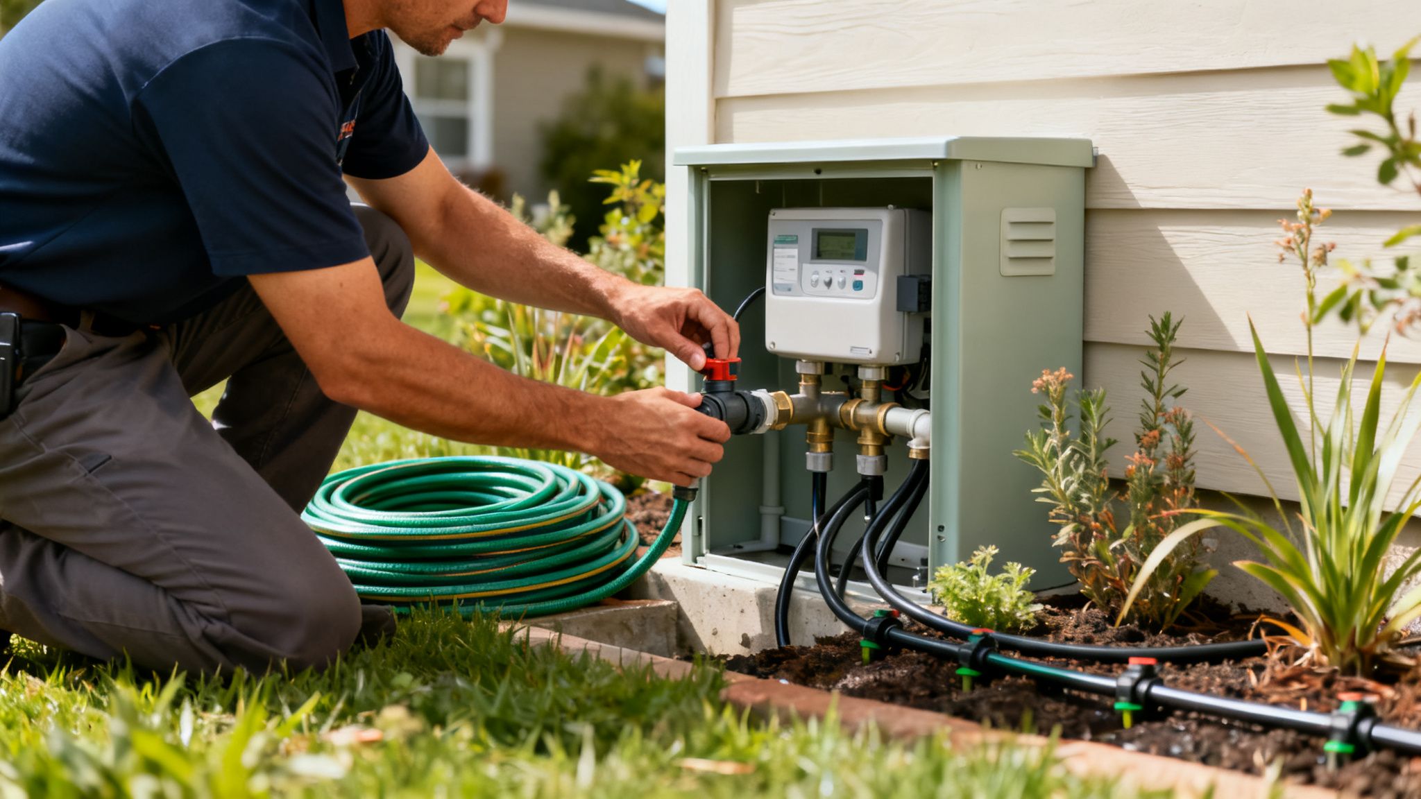A technician connects a green garden hose to an outdoor home irrigation system controller.