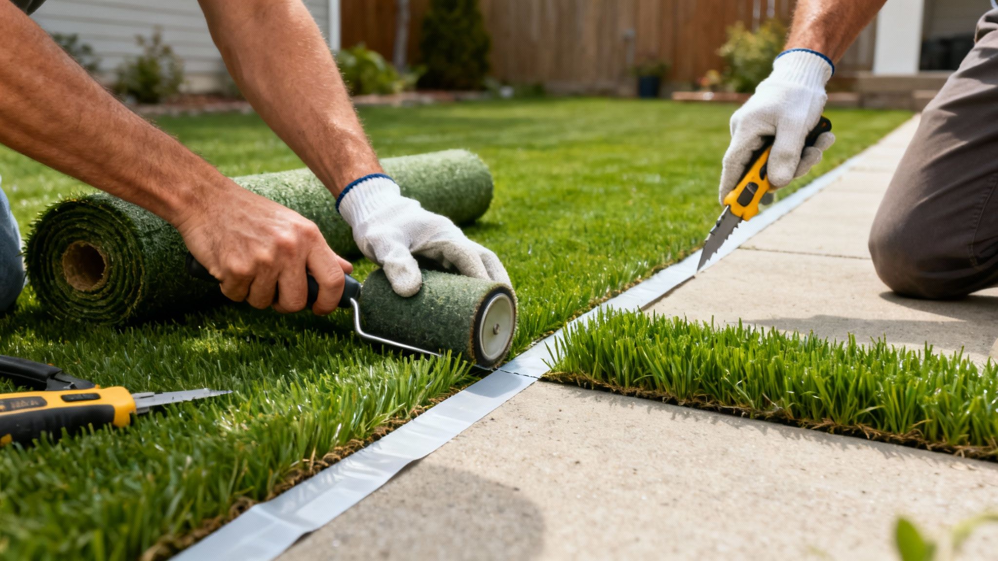 Two people installing artificial turf, unrolling it and trimming edges next to a concrete path.