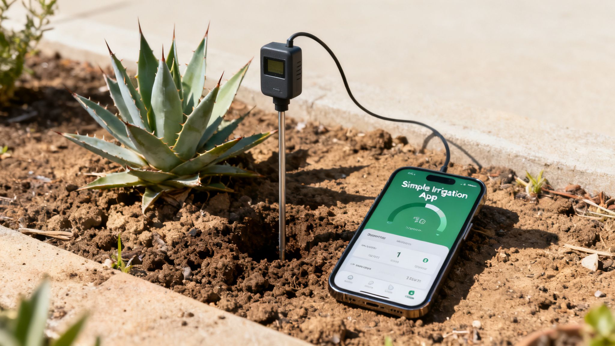 A succulent plant in dry soil with a moisture sensor connected to a smartphone displaying an irrigation app.