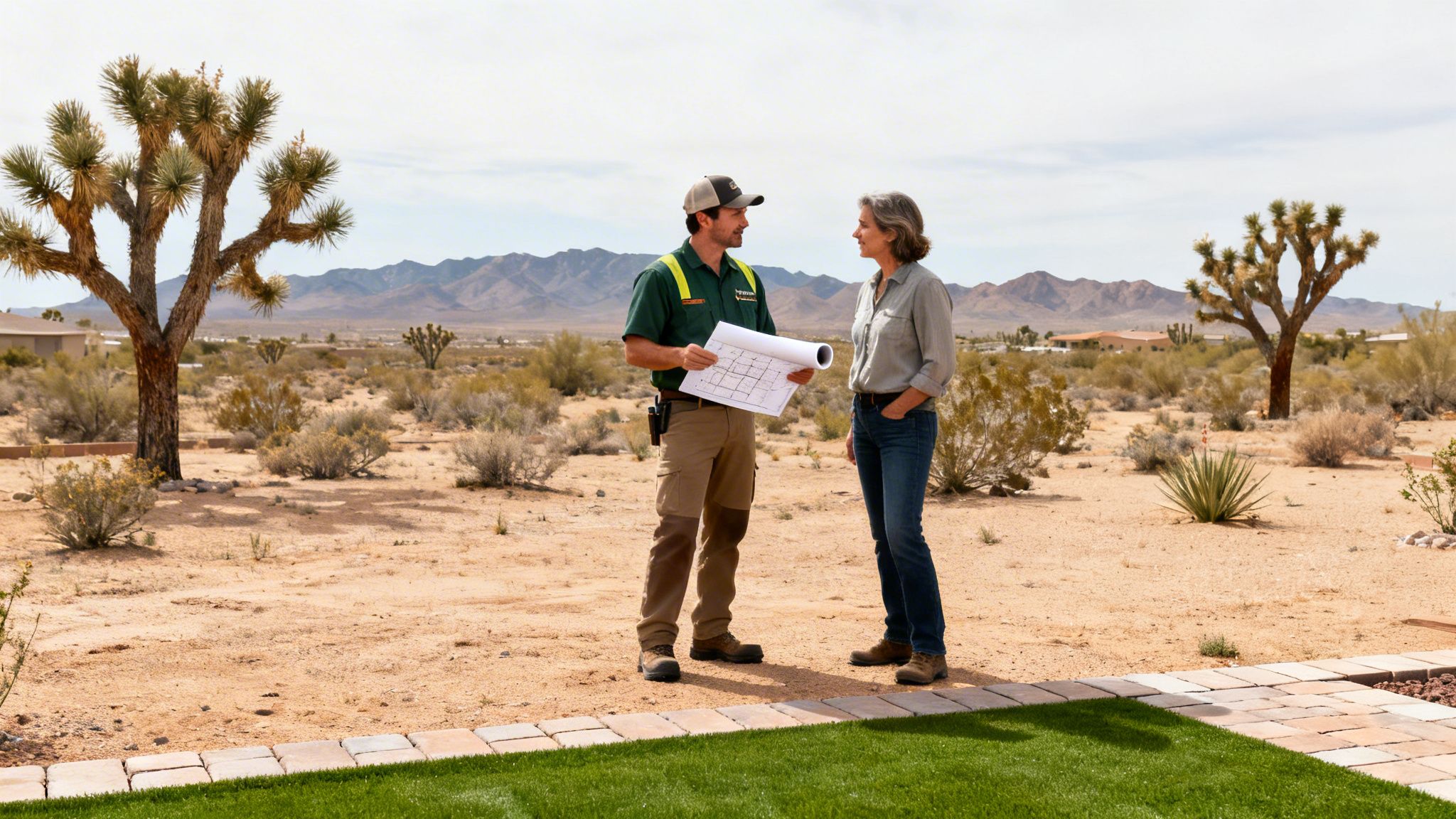 A professional discusses landscaping plans with a client in a desert backyard.