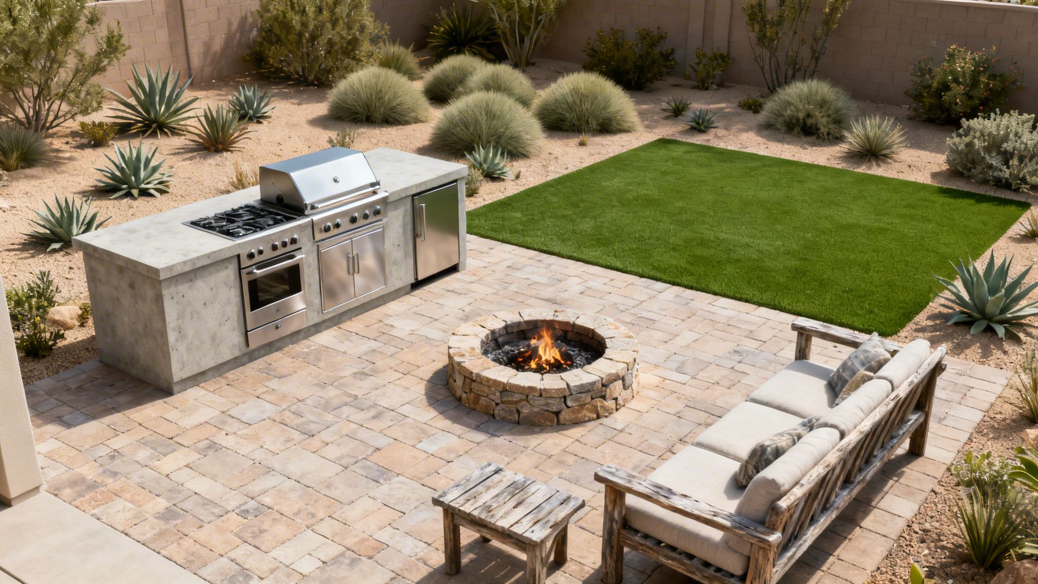 An inviting backyard with an outdoor kitchen, fire pit, patio, and desert landscaping.