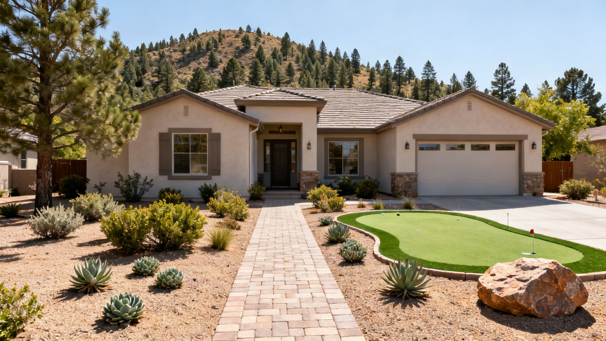 Modern desert home with a golf putting green and drought-tolerant landscaping under a blue sky.