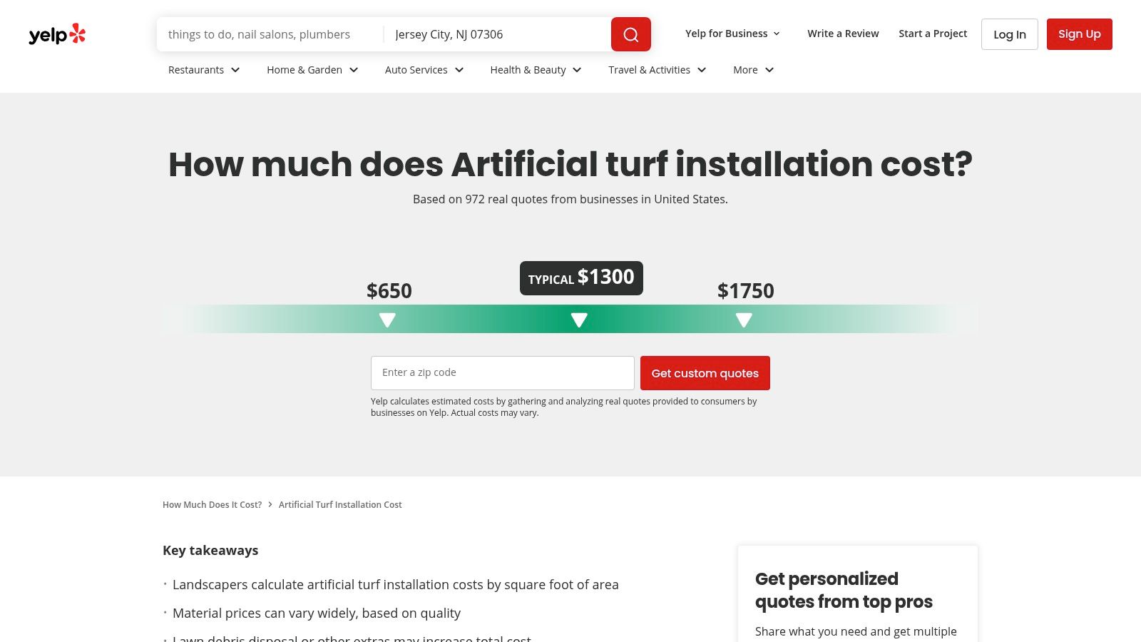 Yelp Cost Guide for Artificial Turf