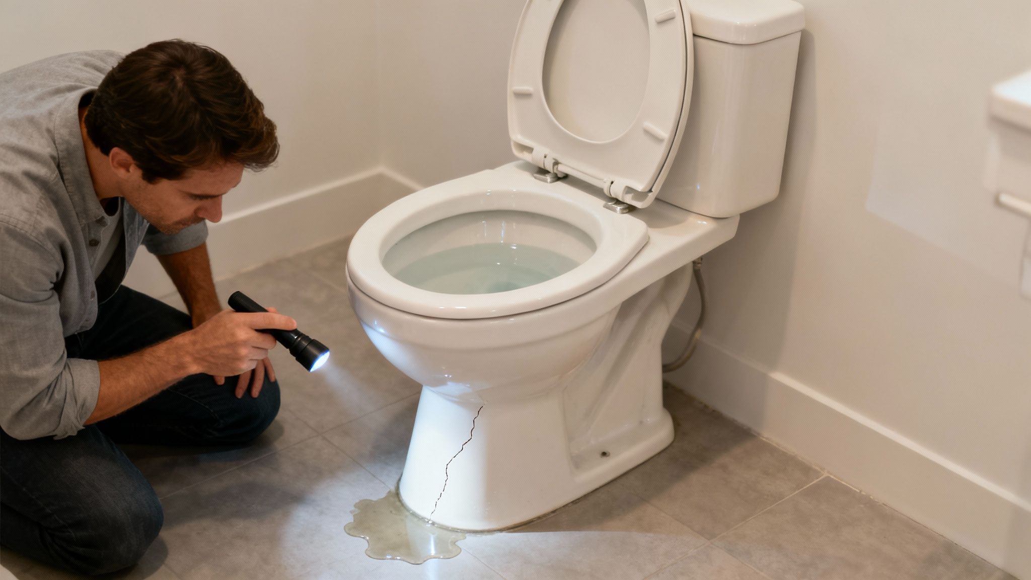 A man inspects a cracked toilet base with a flashlight, revealing a water leak on the bathroom floor.
