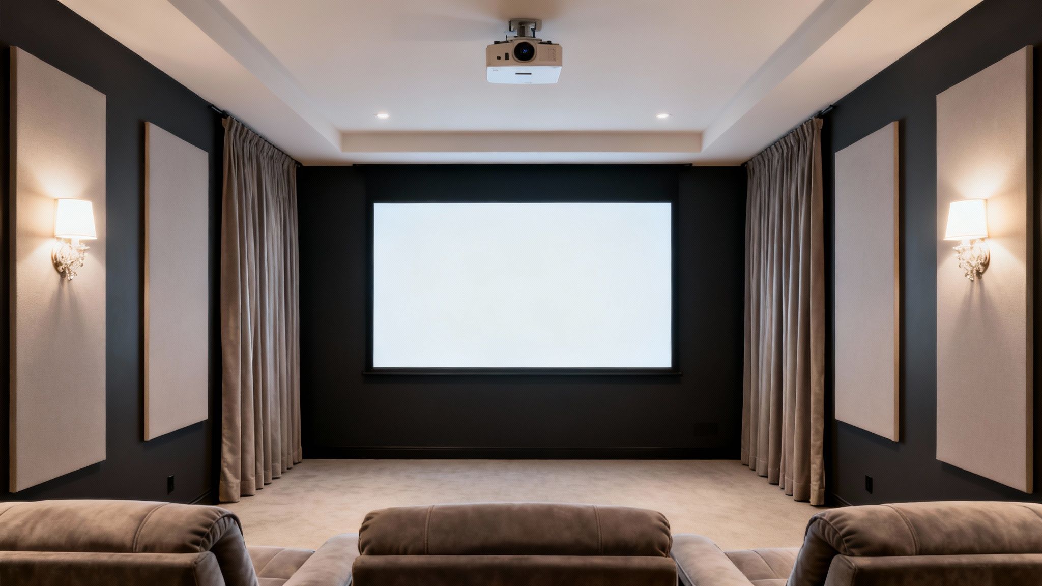 Modern basement home theater with a projector screen, comfortable recliners, and acoustic panels.