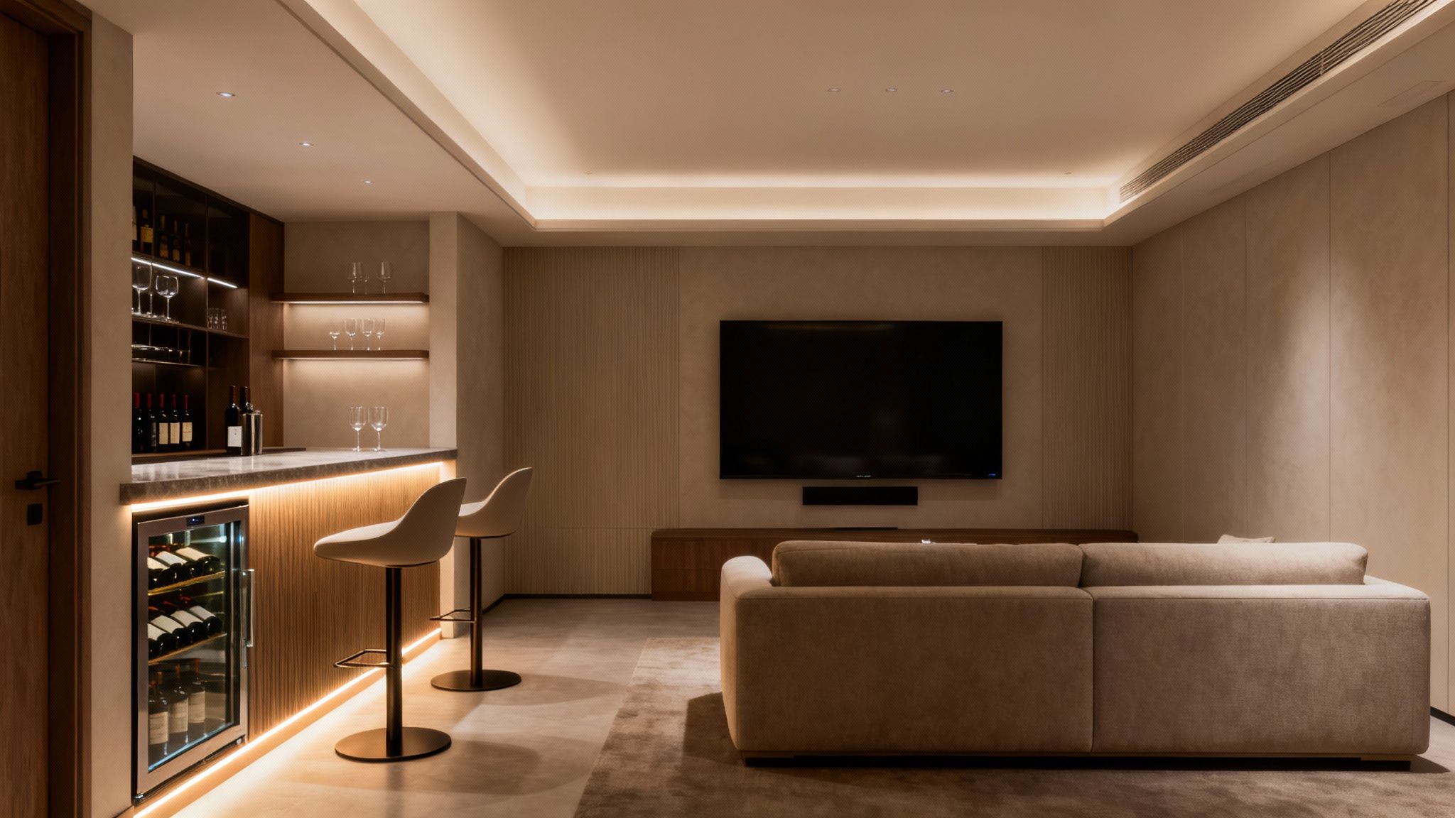 Modern basement featuring a stylish home theater with a large TV, comfortable sofa, and illuminated bar.
