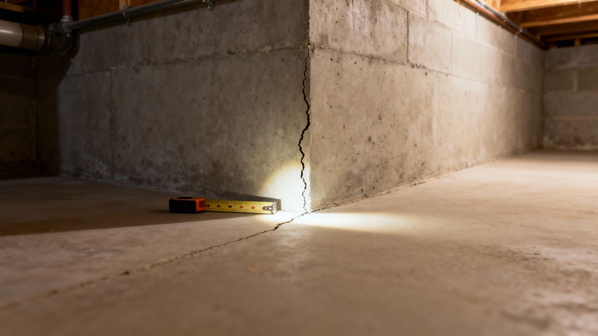 A flashlight illuminates a significant crack in a basement concrete wall and floor, with a tape measure nearby.