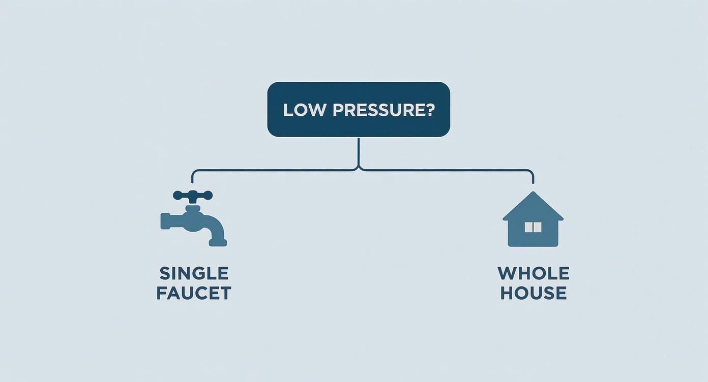 Flowchart for low water pressure diagnosis, presenting options for single faucet or whole house issues.