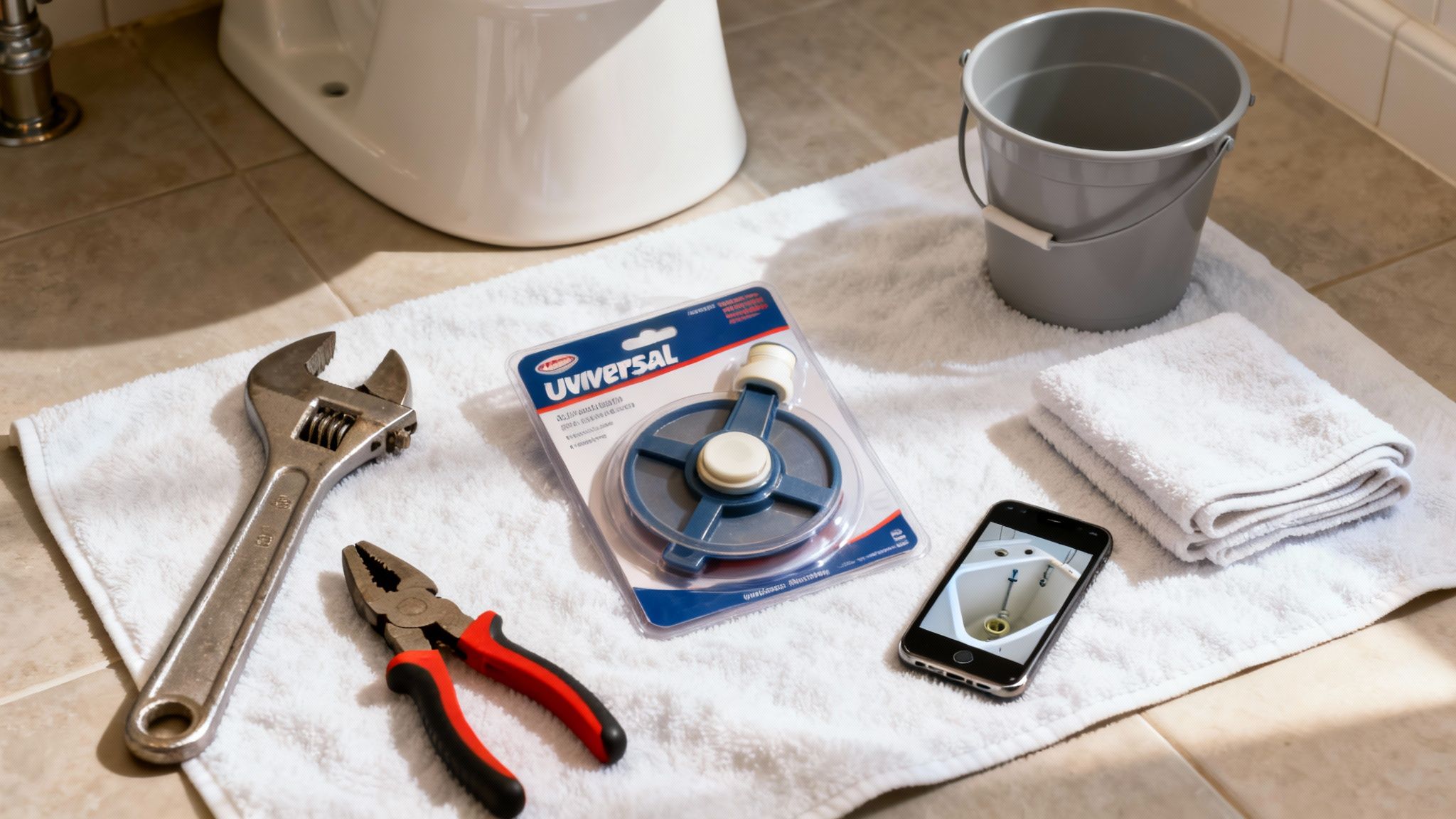 Tools and supplies for toilet repair including a wrench, pliers, new flapper, bucket, and a phone showing a toilet tank.