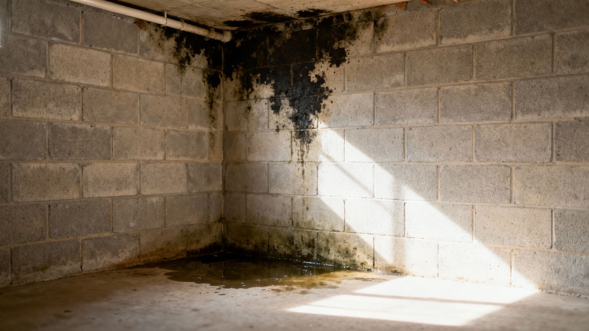 Dark black mold growth and a standing puddle of water on a concrete basement wall.