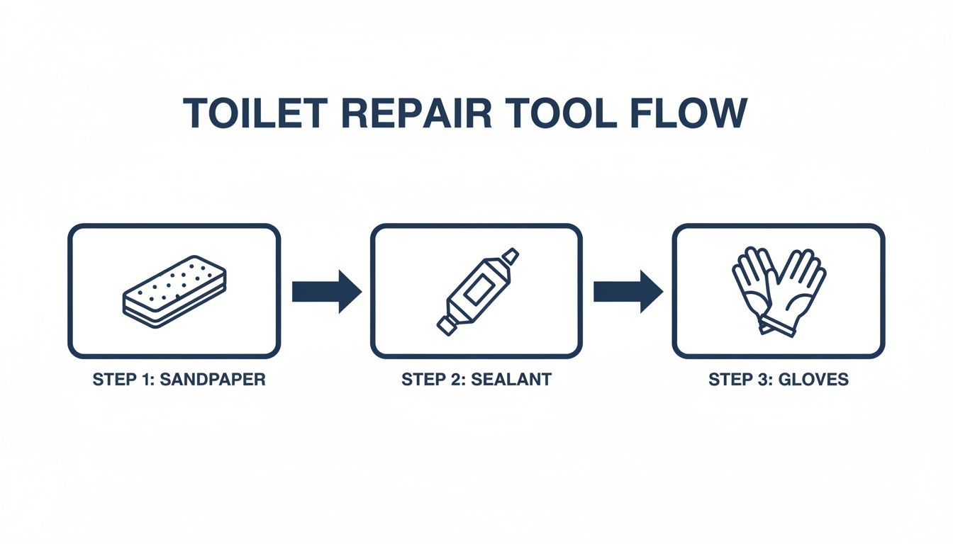 A three-step flowchart illustrating the tools for toilet repair: sandpaper, sealant, and gloves.