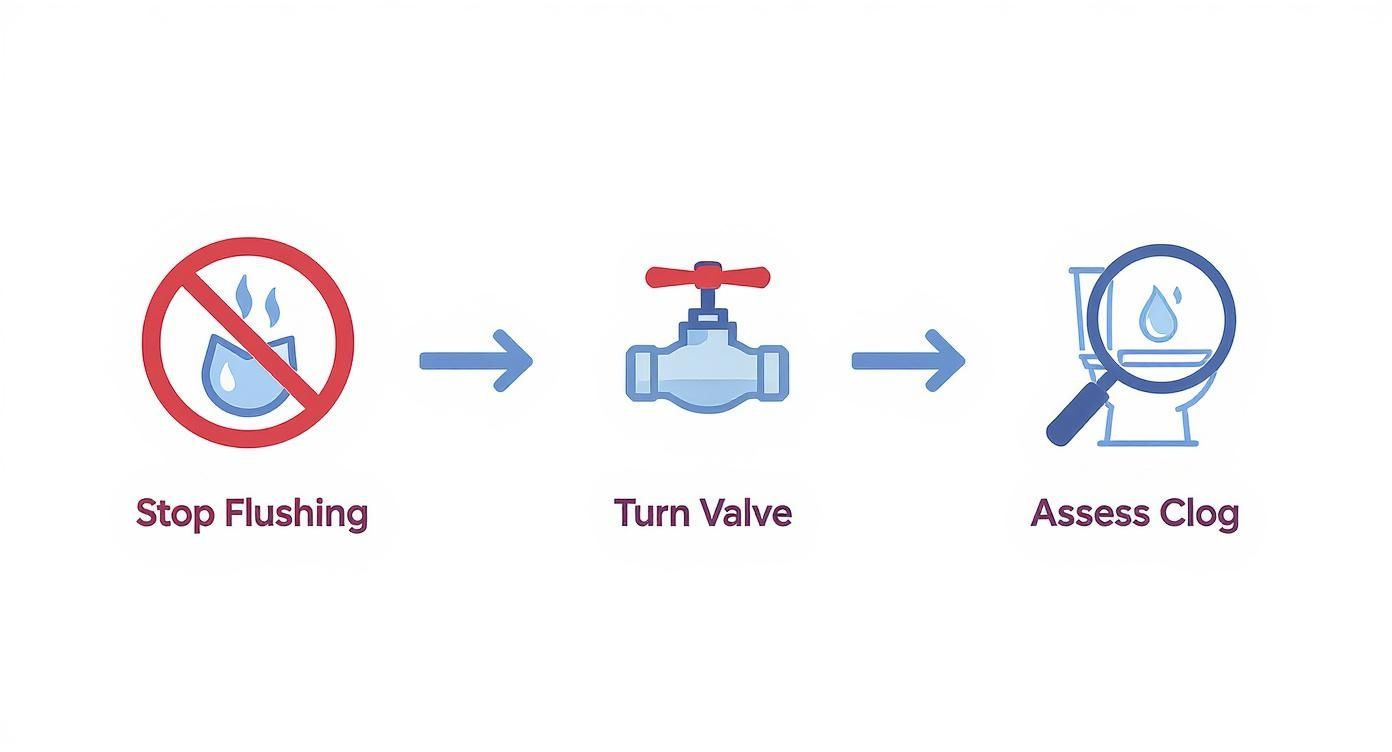 A three-step guide showing how to fix a clogged toilet: stop flushing, turn valve, assess clog.