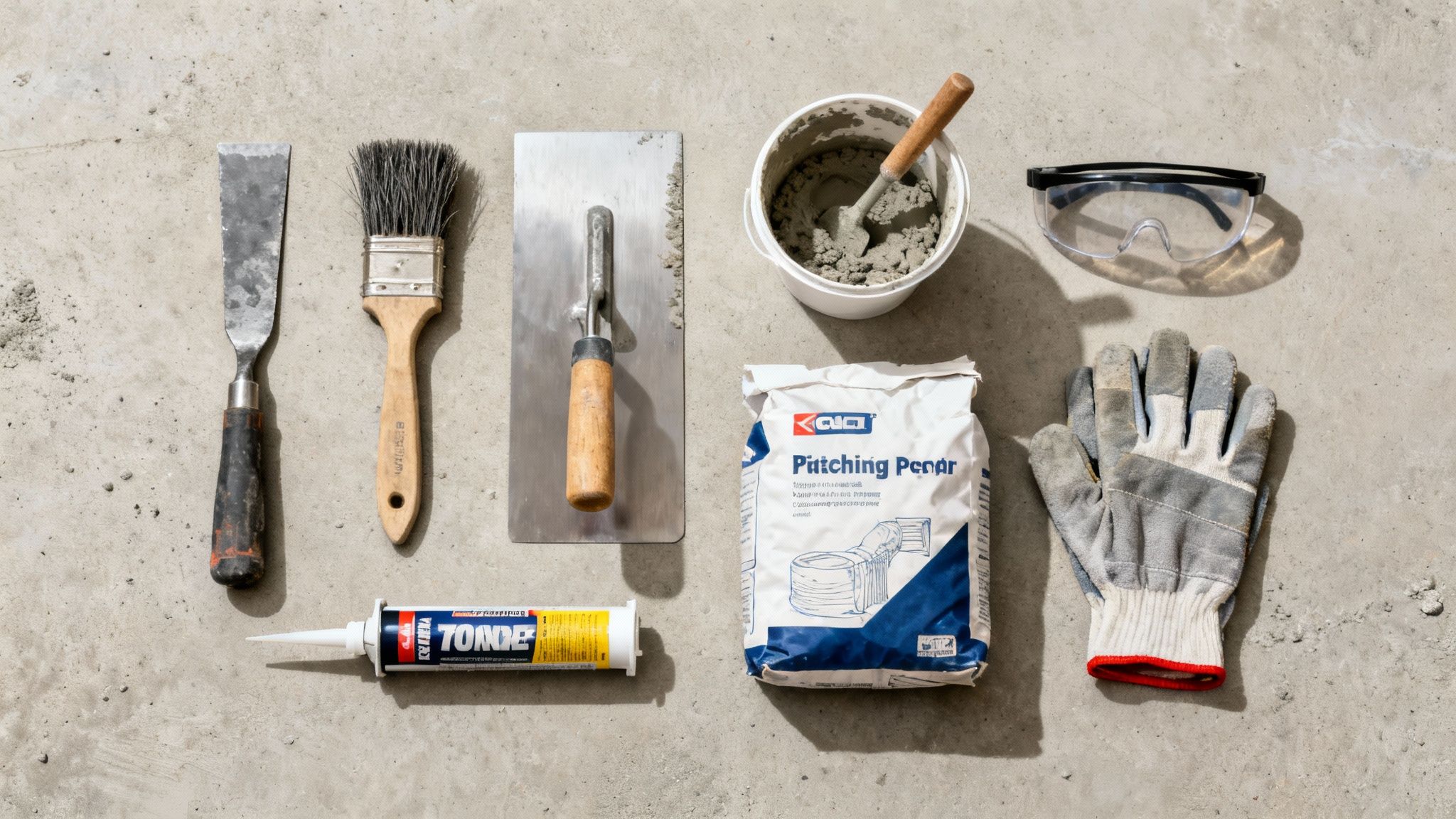 A flat lay of concrete repair tools and materials including a trowel, brush, cement mix, and safety gear.