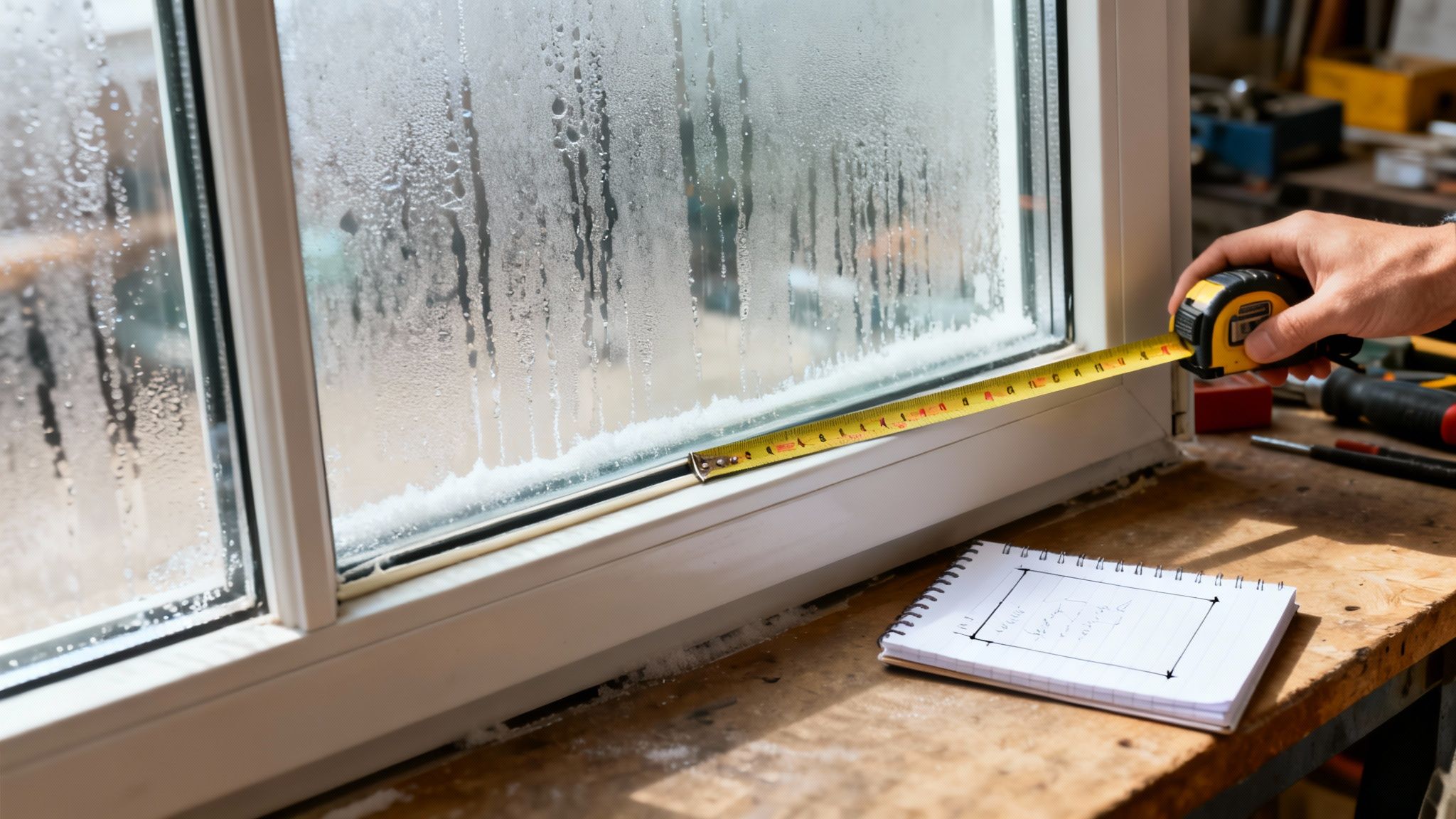 A person uses a tape measure to measure a frosted window pane, next to a notepad.