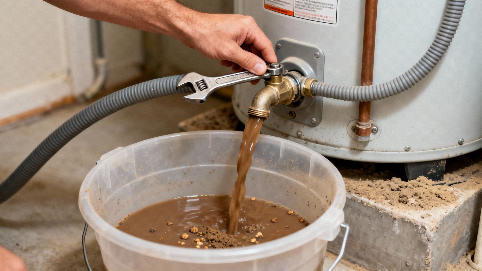 Person draining muddy water and sediment from a water heater into a clear bucket.