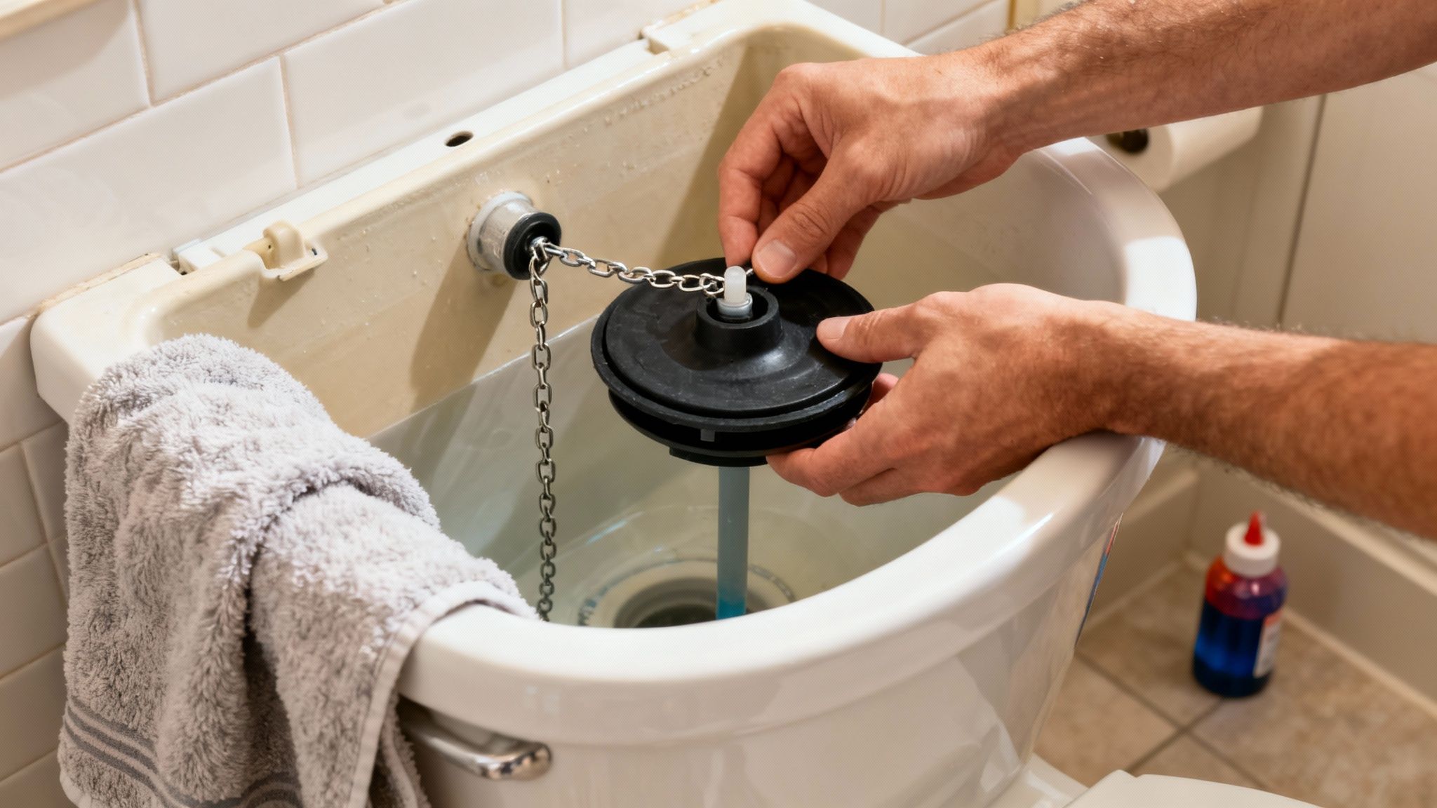 A person's hands are replacing the flapper inside a toilet tank with blue water.