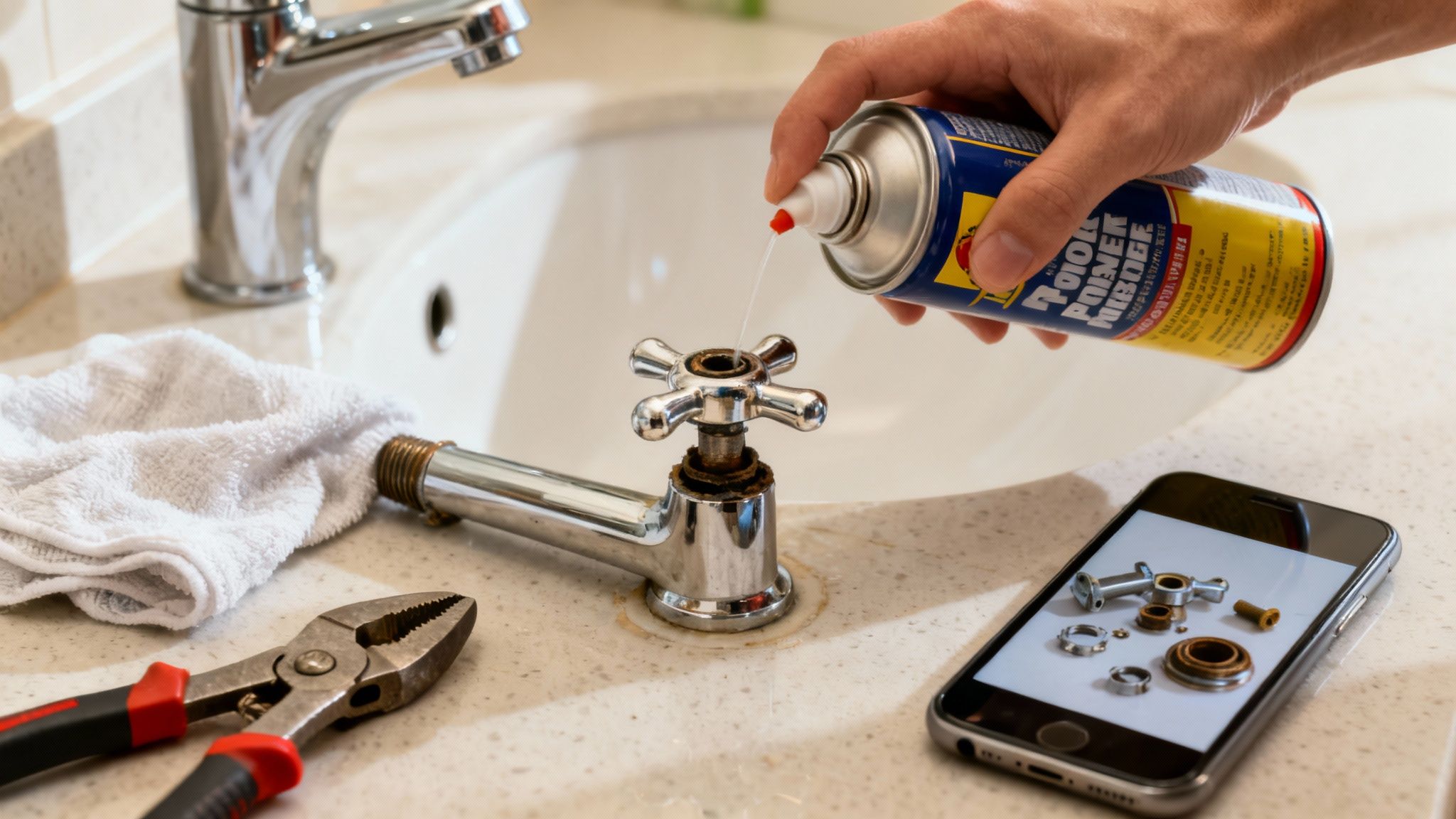 A hand applies penetrating oil to a rusty faucet handle during repair, with tools and a phone showing parts.