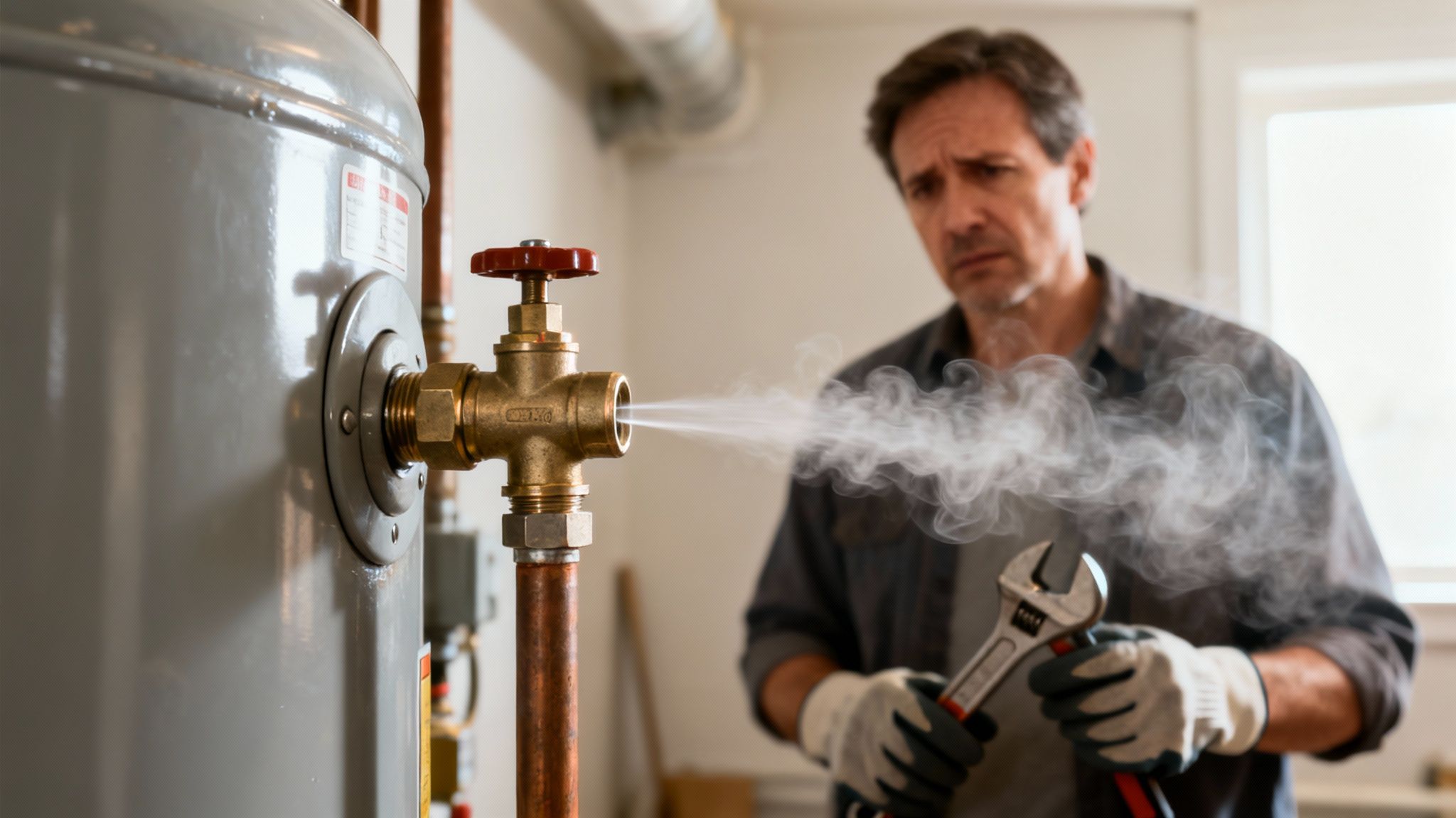 A concerned man in work gloves holds a wrench, looking at a leaking water heater valve spewing steam.