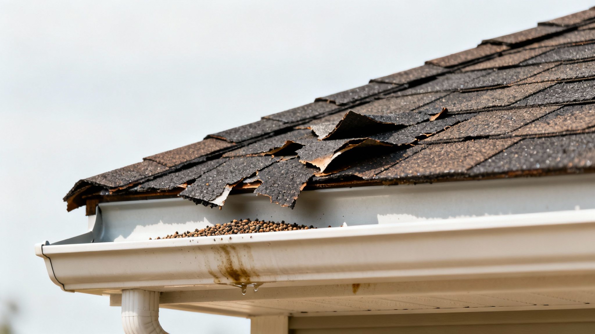 Severely damaged roof shingles peeling over a clogged white gutter with water stains and drips.