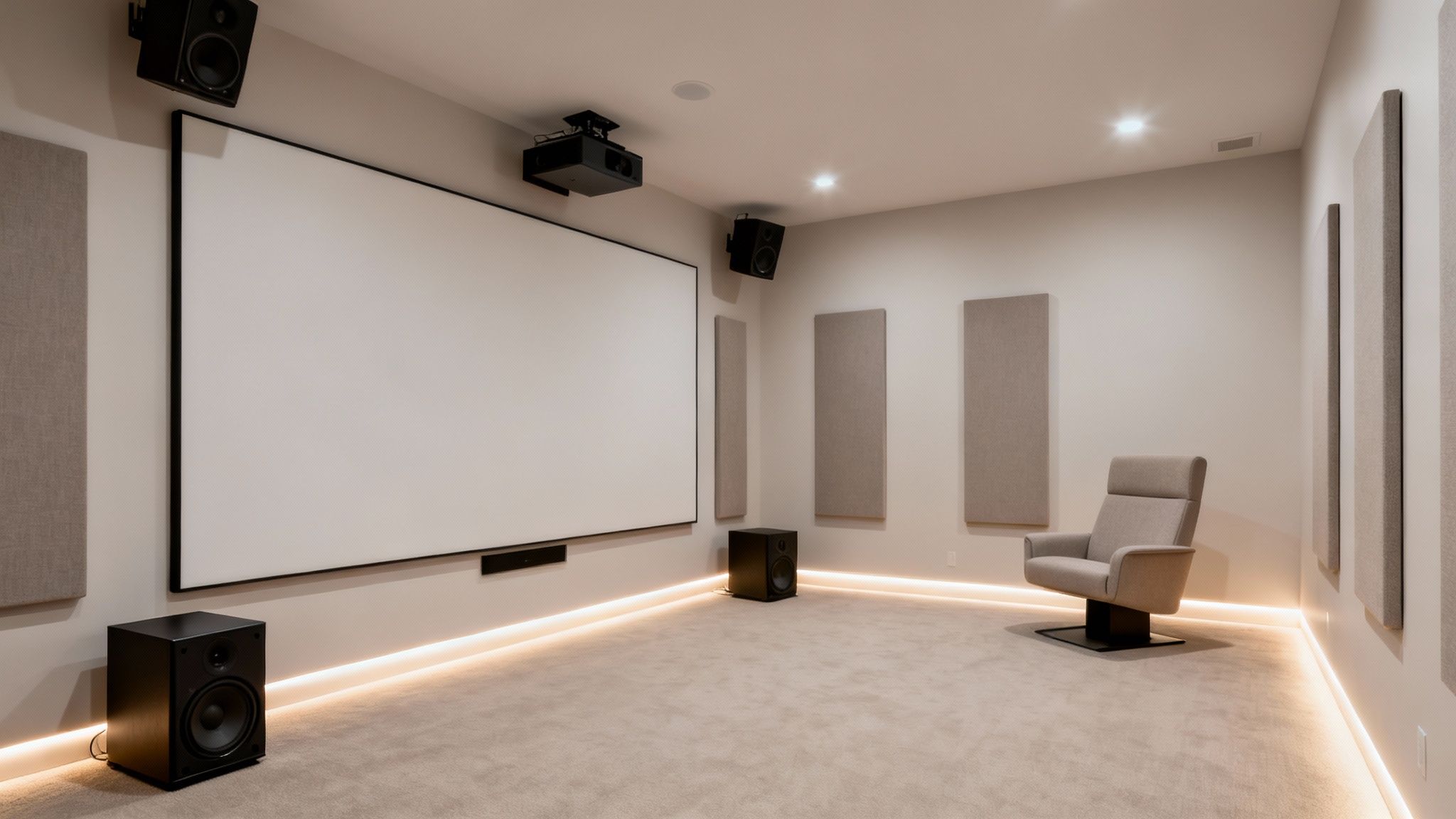A modern home theater with a large projection screen, projector, speakers, acoustic panels, and soft lighting.
