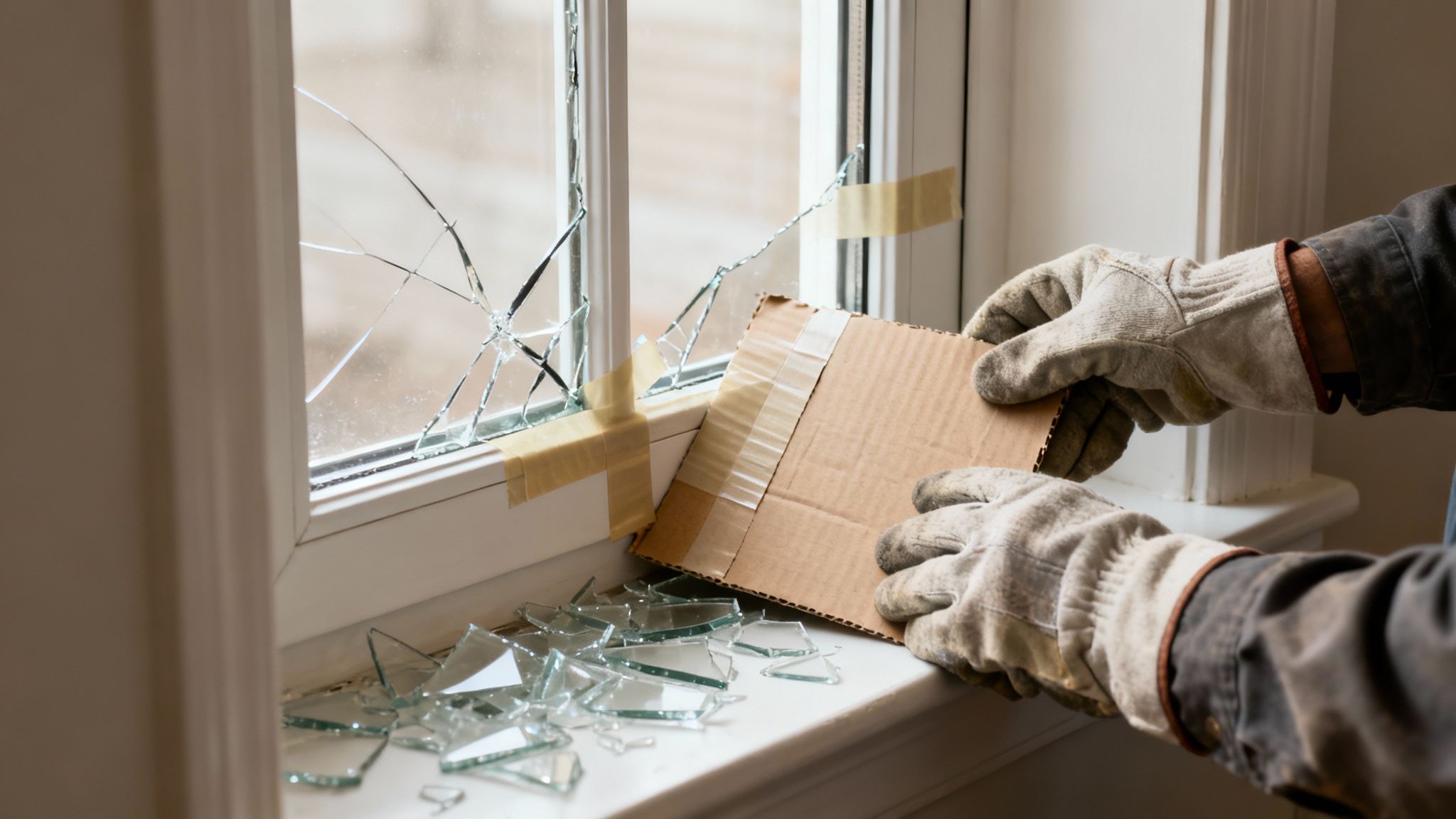 A person in work gloves carefully removes shattered glass from a broken window pane with cardboard.