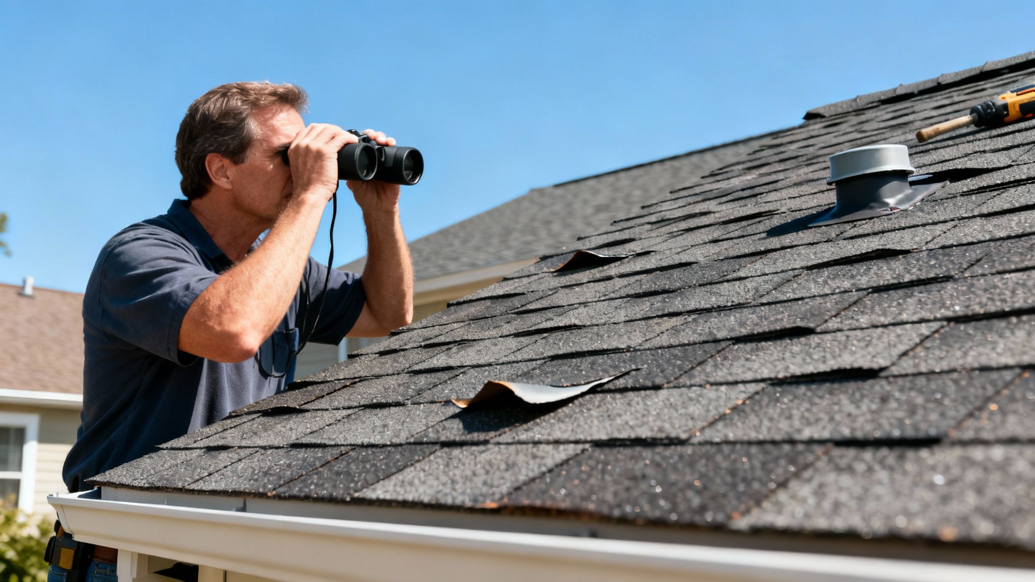 Home inspector on a roof looking through binoculars, assessing damaged shingles.