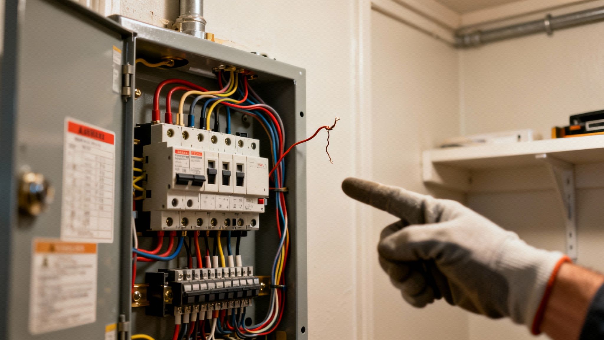 A gloved hand points at a loose red wire inside an open electrical panel, indicating faulty wiring.
