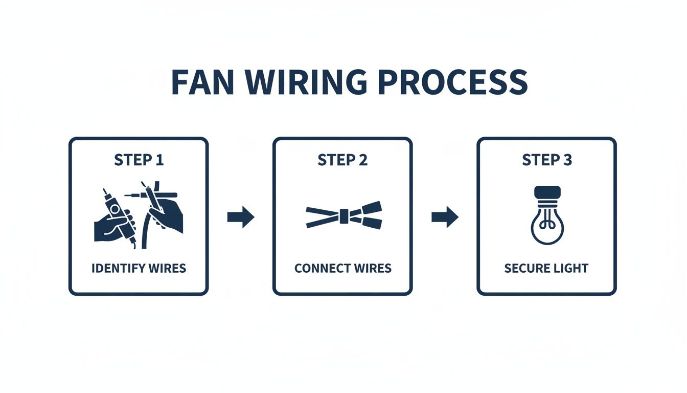 A three-step infographic shows the fan wiring process: identify wires, connect wires, and secure light.