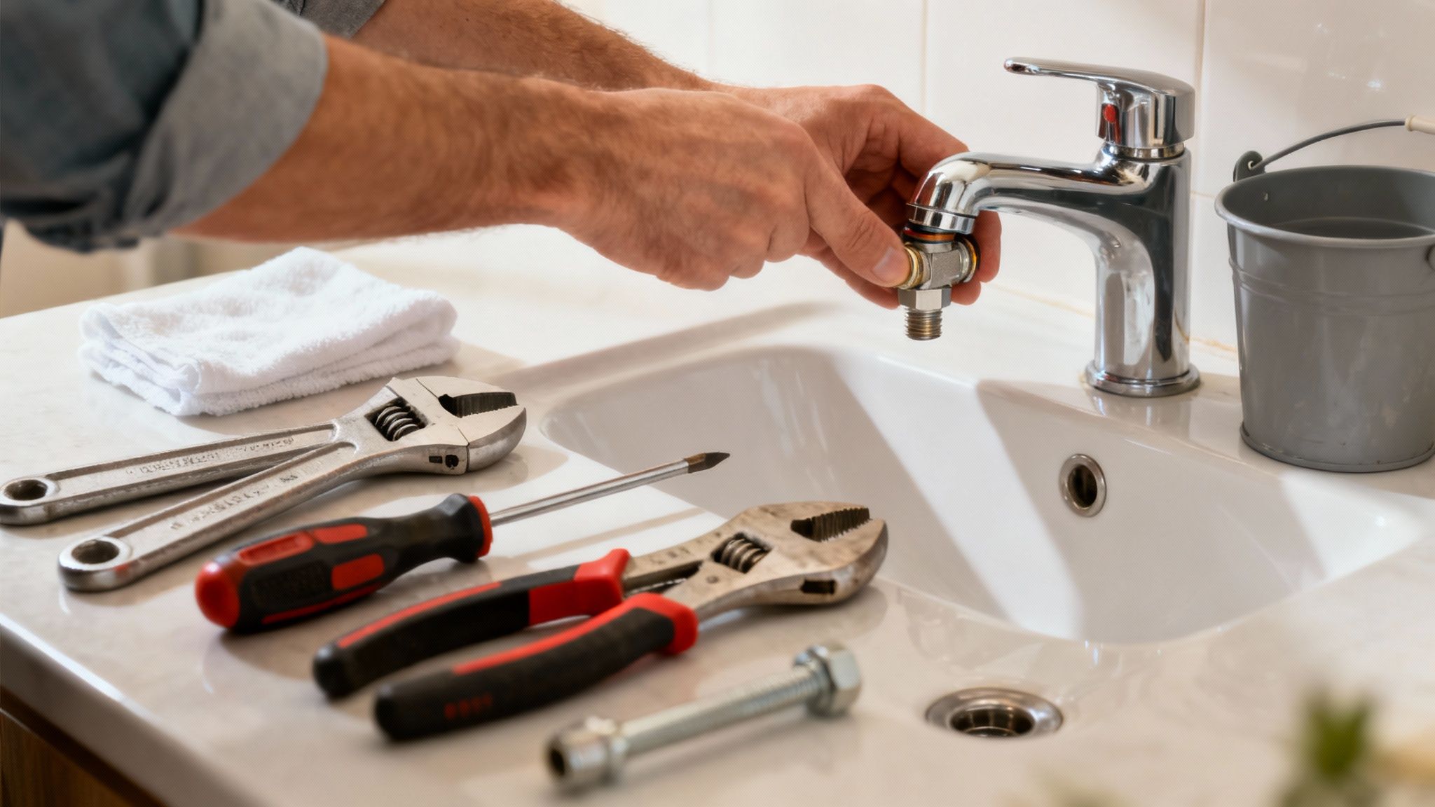 Hands are fixing a chrome faucet in a white bathroom sink, surrounded by plumbing tools.