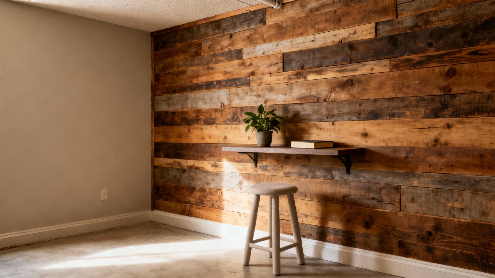 A rustic wood plank accent wall with a shelf, plant, books, and a stool in a modern room.