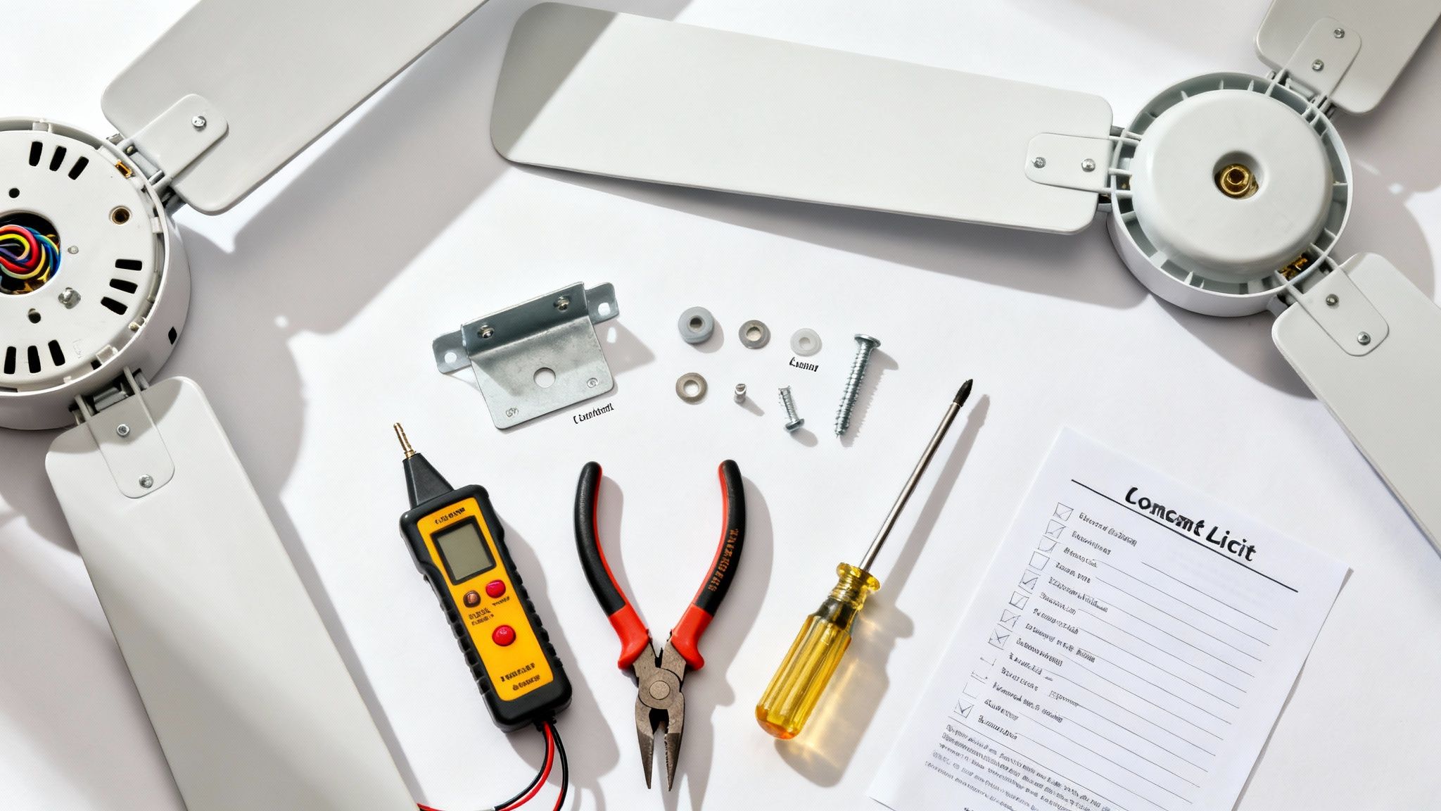 Overhead view of ceiling fan components, tools, and hardware ready for assembly on a white background.