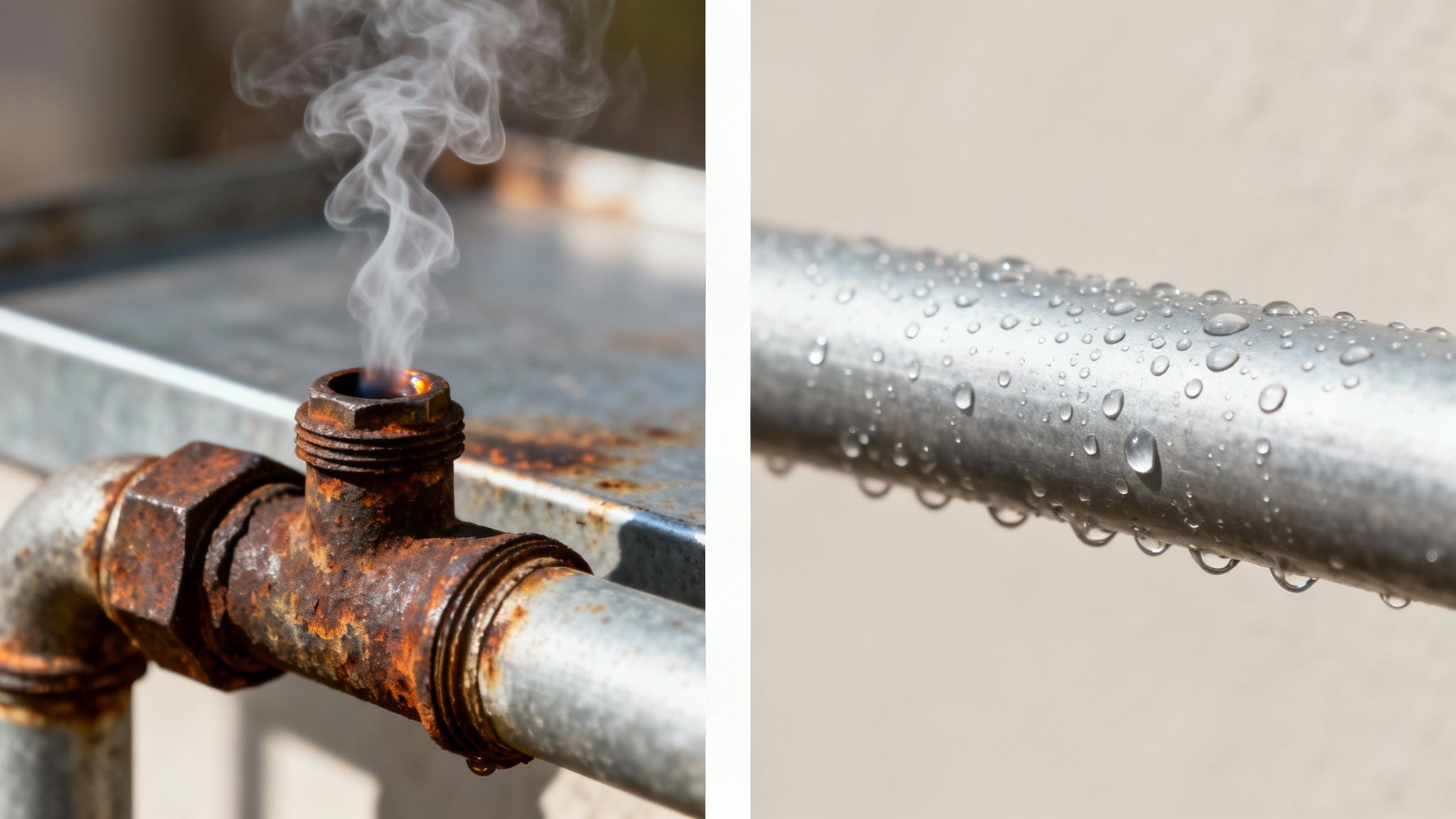 A split image contrasting pipes: one rusty and smoking, the other clean with water droplets.