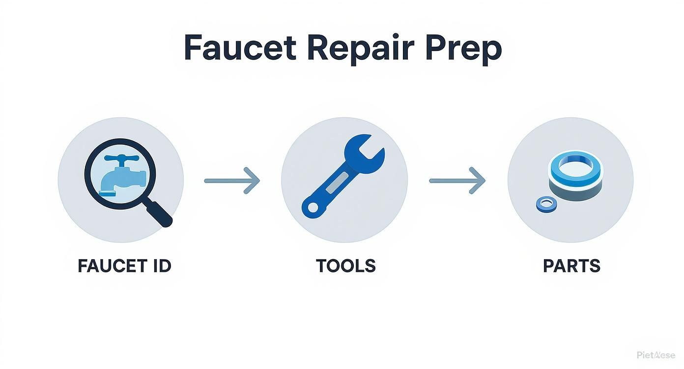 A flowchart illustrating the steps for faucet repair preparation: identifying the faucet, gathering tools, and obtaining parts.
