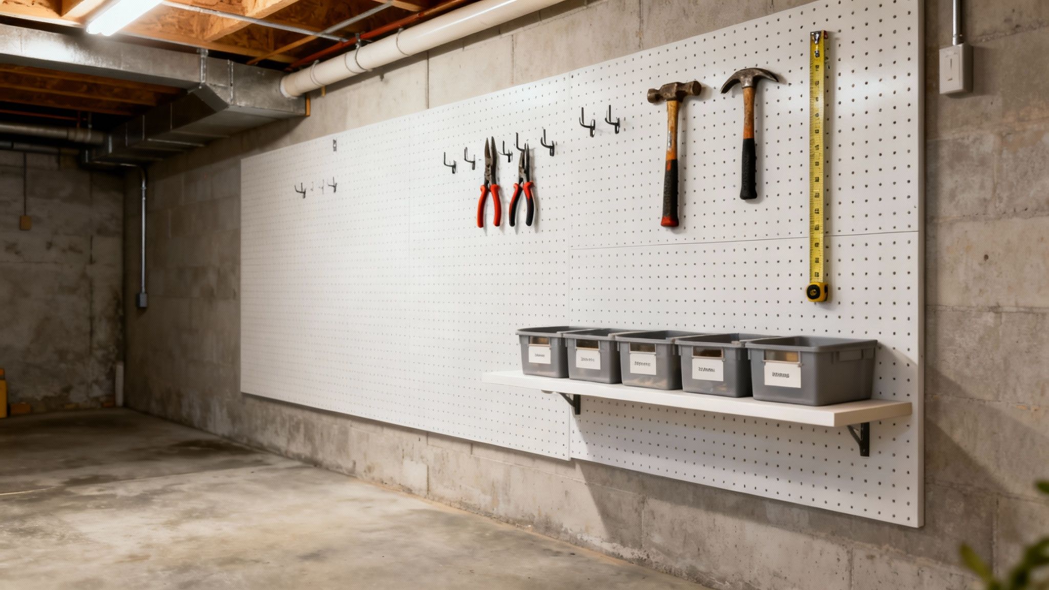 A well-organized basement workspace with a white pegboard, various tools, and labeled storage bins on a shelf.