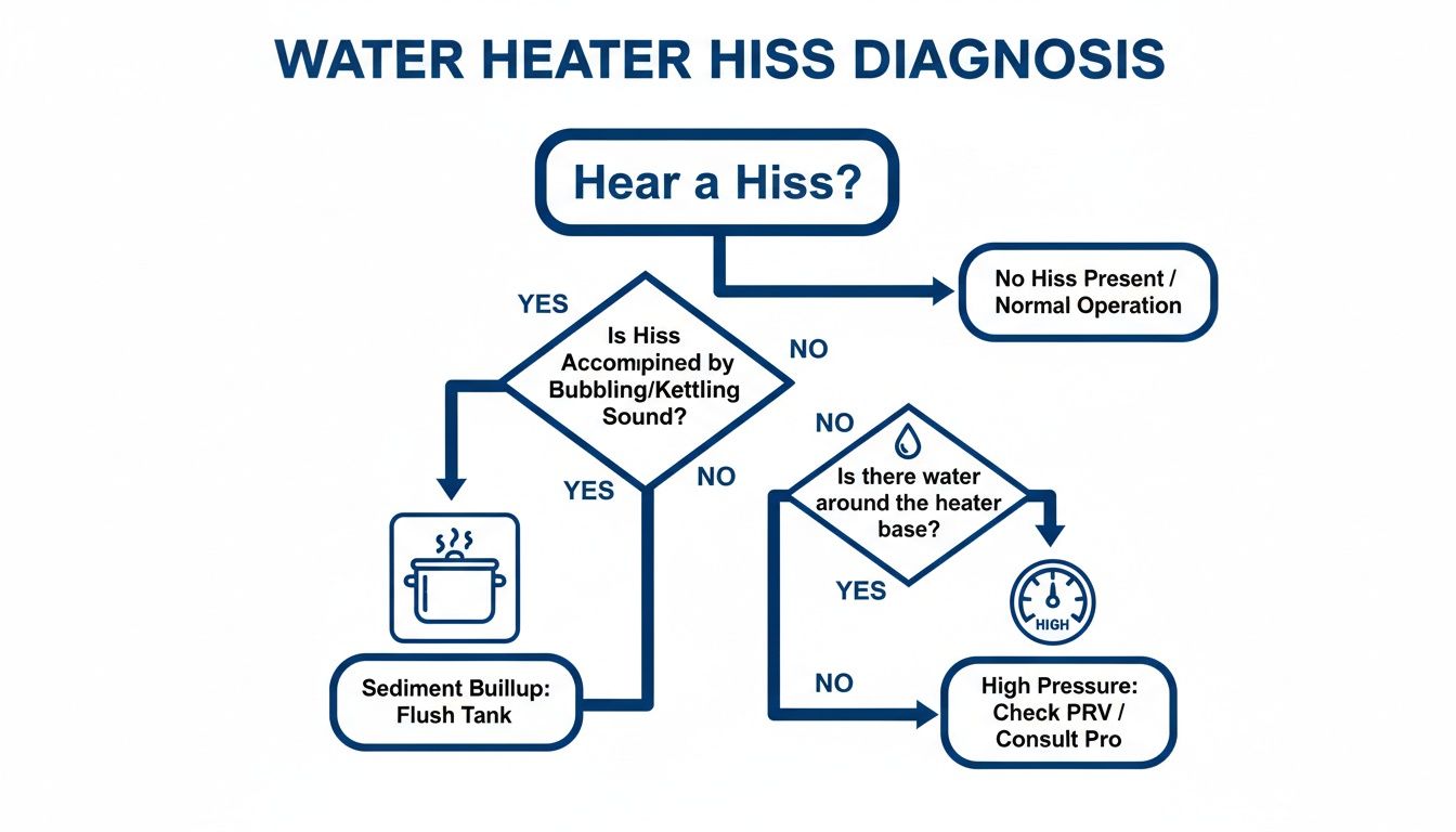 Flowchart diagnosing water heater hiss, checking for bubbling, water around base, and suggesting solutions.