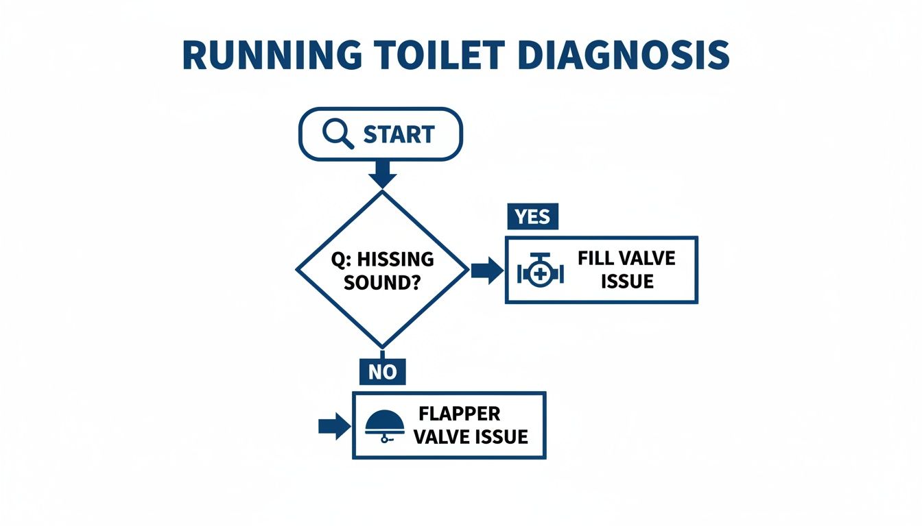 A flowchart explaining how to diagnose a running toilet based on the presence of a hissing sound.