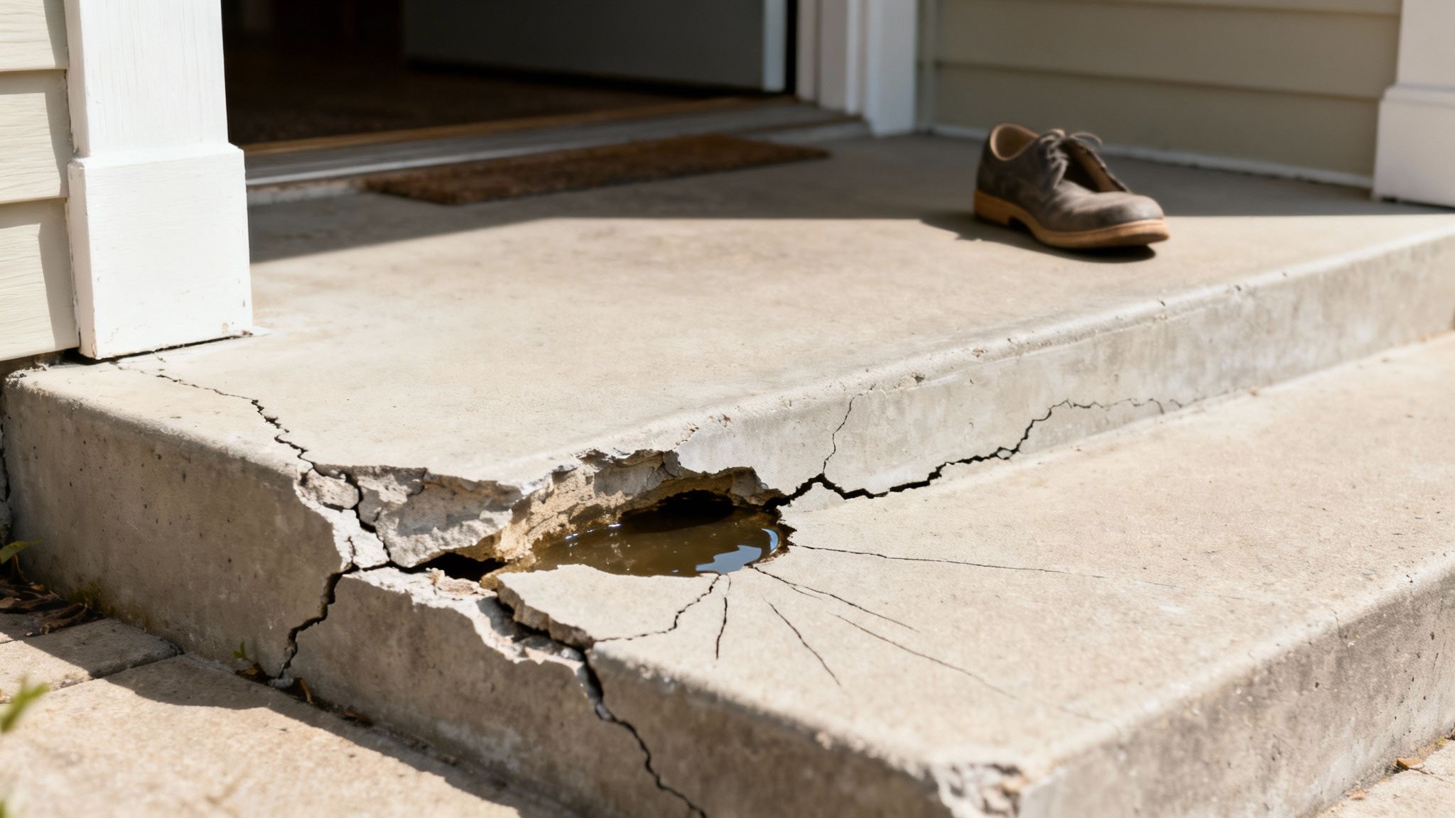Severely chipped and cracked concrete steps with a puddle of water, showing damage to a home's entrance.